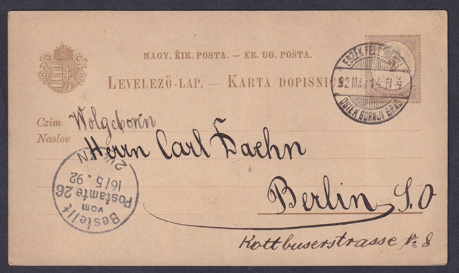 IMG_20260312_0010 1892. ESZÉK FELSŐVÁROS / OSIEK GORNJI GRAD, Berlinbe feladott magyar-horvát nyelvű levelezőlap