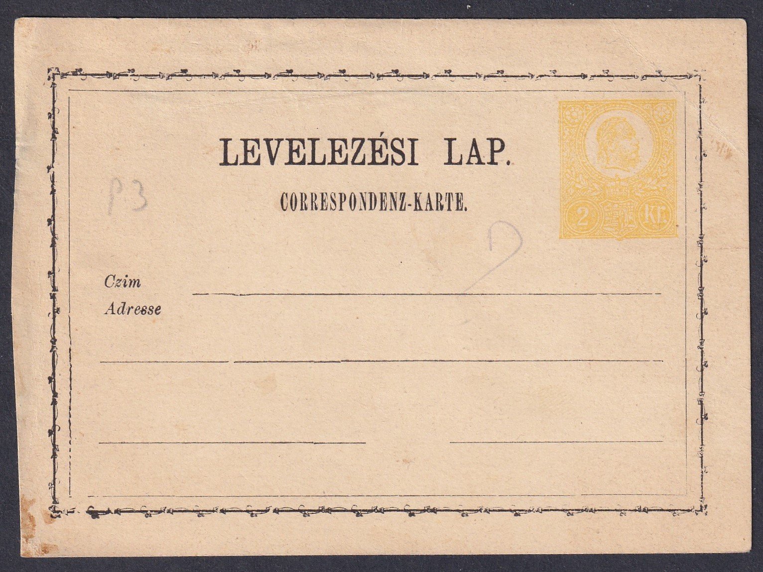 IMG_20260312_0012 1871. használatlan 2 kr díjjegyes LEVELEZŐ LAP, II. típus, homokszínű papíron citromsárga díjjegy nyomással