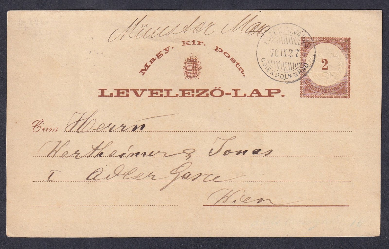 IMG_20260312_0013.1 1880. BÁZIÁS - BUDAPEST 3. mozgóposta bélyegzéssel, Budapestre feladott levelezőlap (díjjegyen lemezhibák)