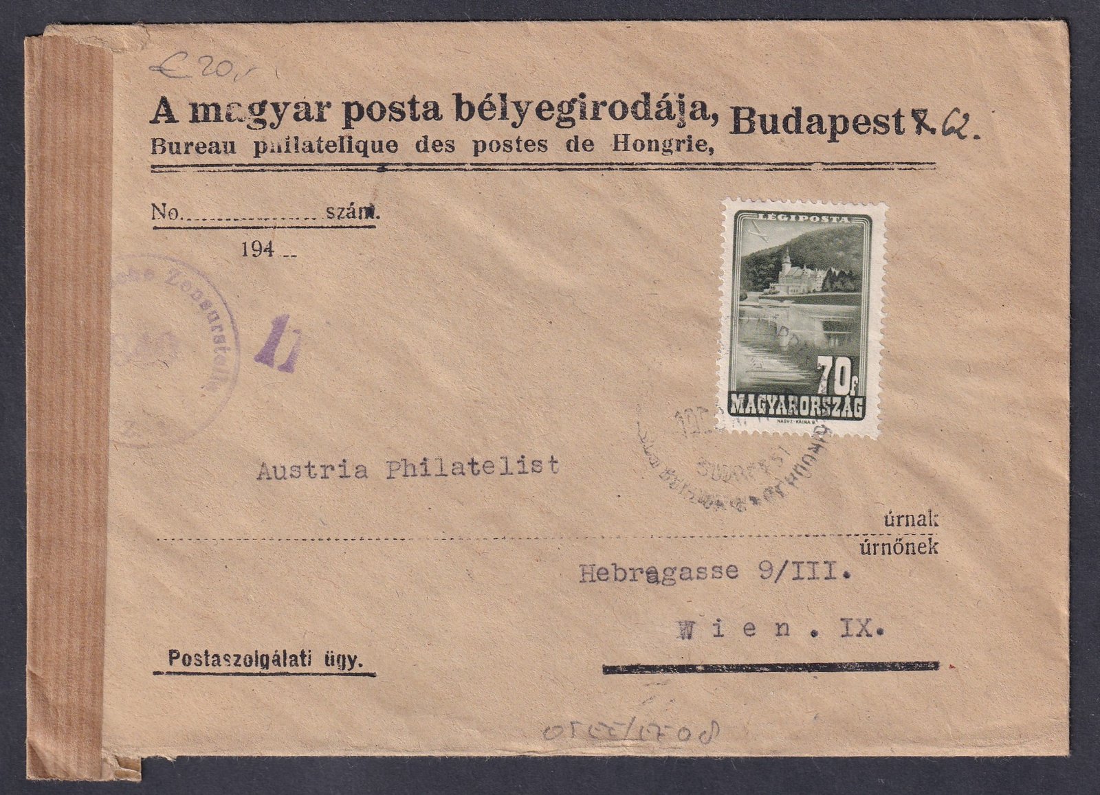 1950. Budapest, Bécsbe feladott cenzúrázott levél