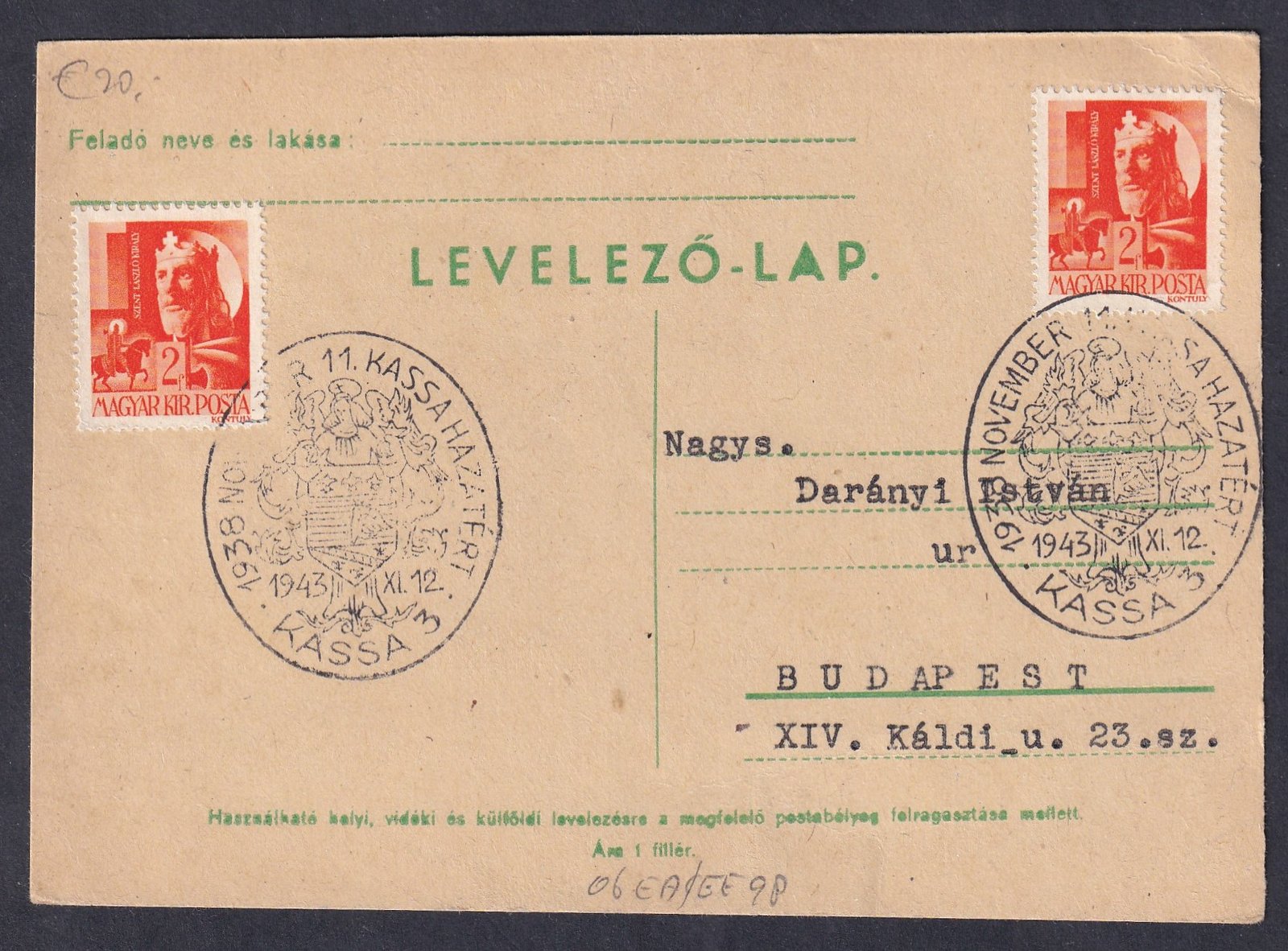 1943. Visszatért emlék - "Kassa Hazatért" ritkább alkalmi bélyegzés