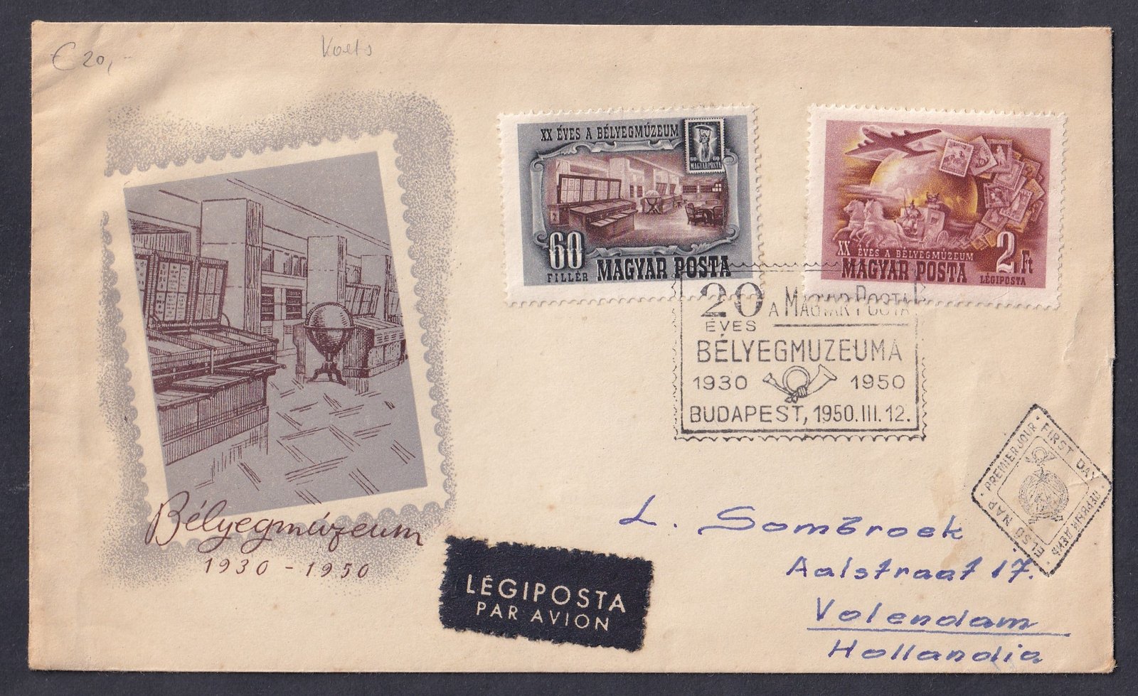 1950. Bélyegműzeum FDC, Hollandiába feladott légiposta levélként