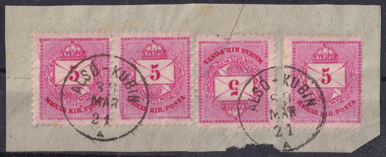 ALSÓ-KUBIN, 4x5kr kivágáson, első bélyegen /kir*/ lemezhiba