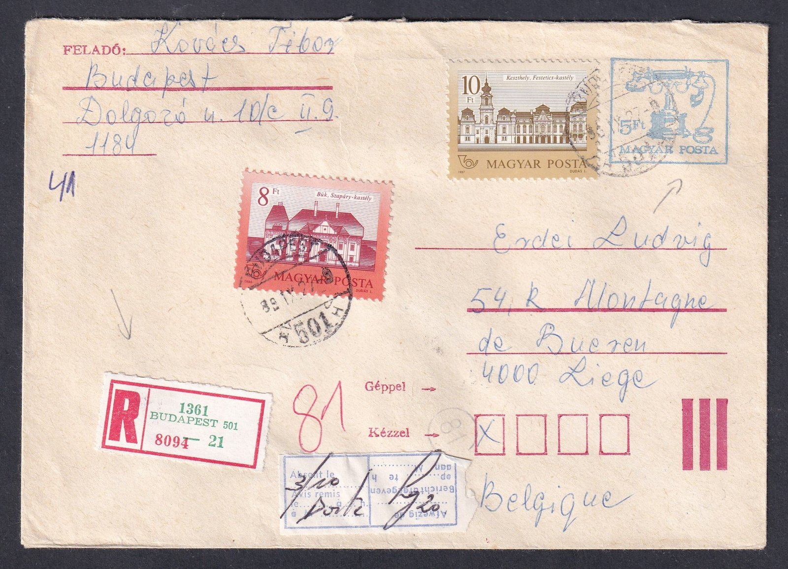 1989. Budapest, Belgiumba feladott ajánlott díjkiegészített boríték