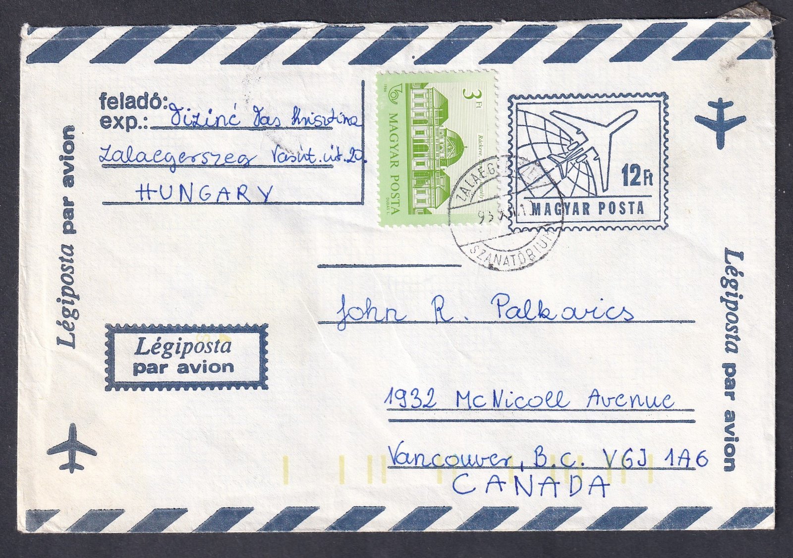 1993. Zalaegerszeg/Szanatórium, Kanadába feladott díjkiegészített légiposta boríték