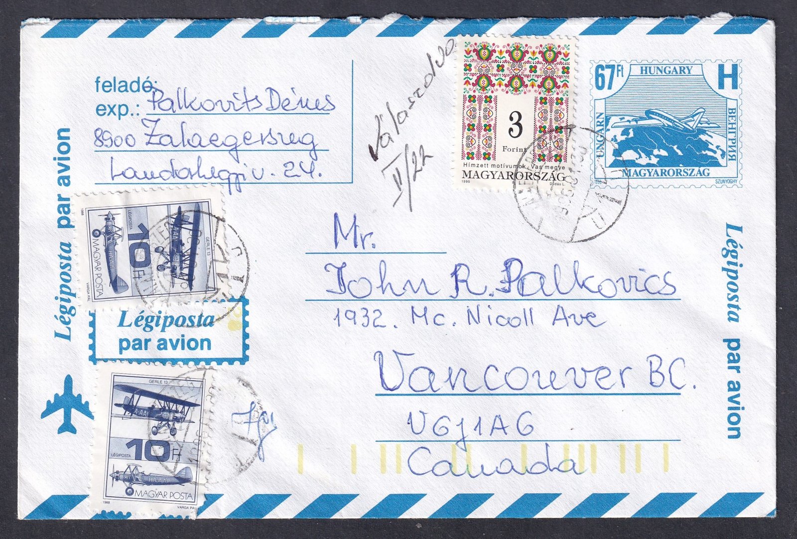 1986. Zalaegerszeg, Kanadába feladott díjkiegészített légiposta boríték