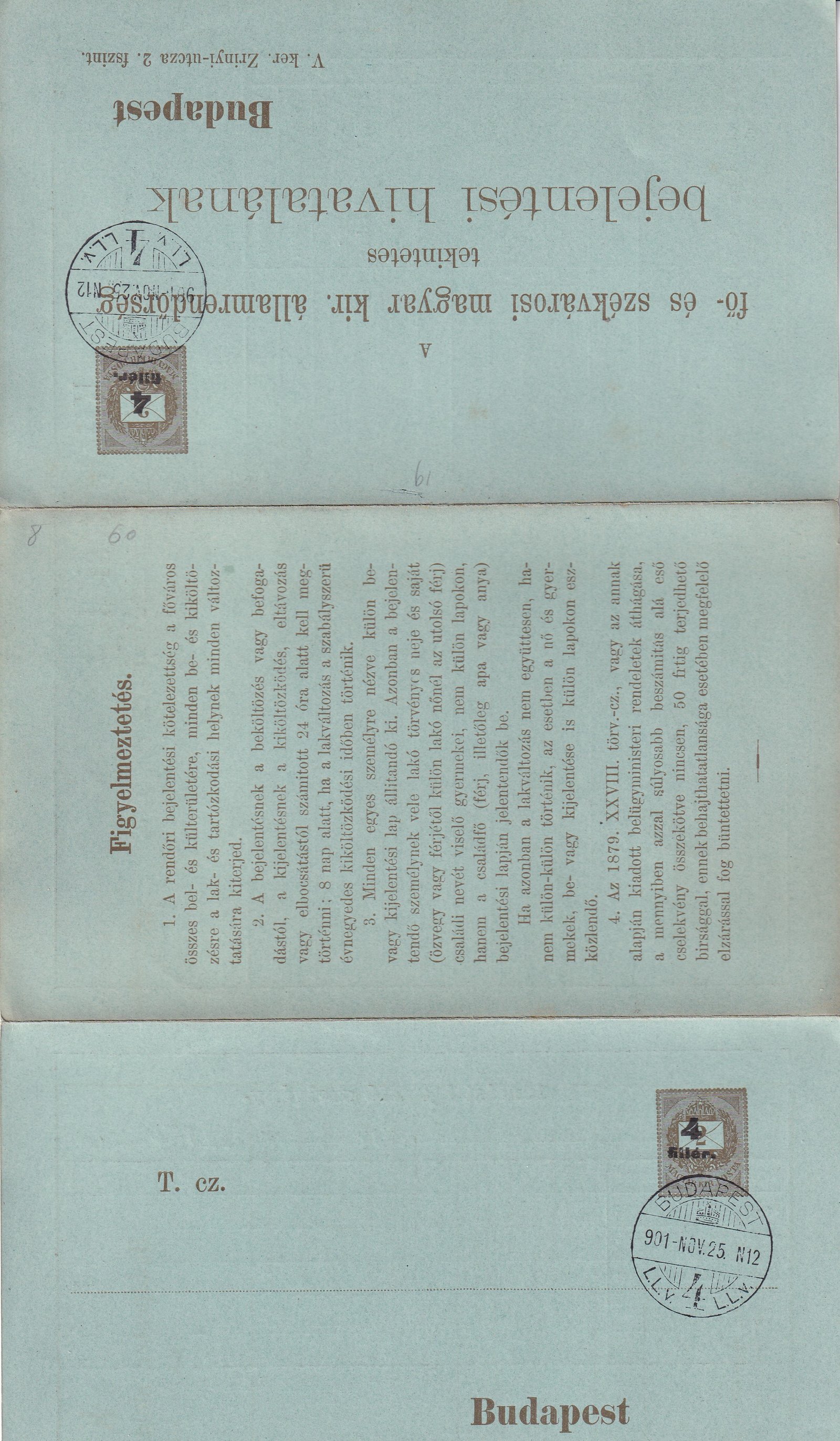 1900. felülnyomással átértékelt rendörségi levelezőlap - barna nyomat, kékeszöld papíron