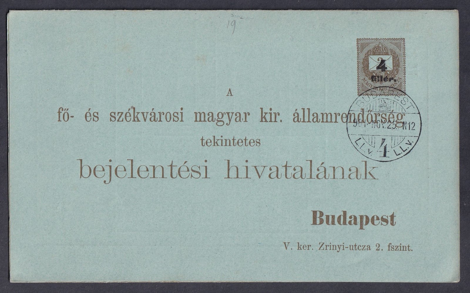1900. felülnyomással átértékelt rendörségi levelezőlap - barna nyomat, kékeszöld papíron