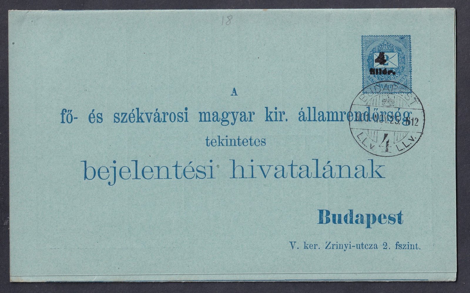 1900. felülnyomással átértékelt rendörségi levelezőlap – kék nyomat, kékeszöld papíron