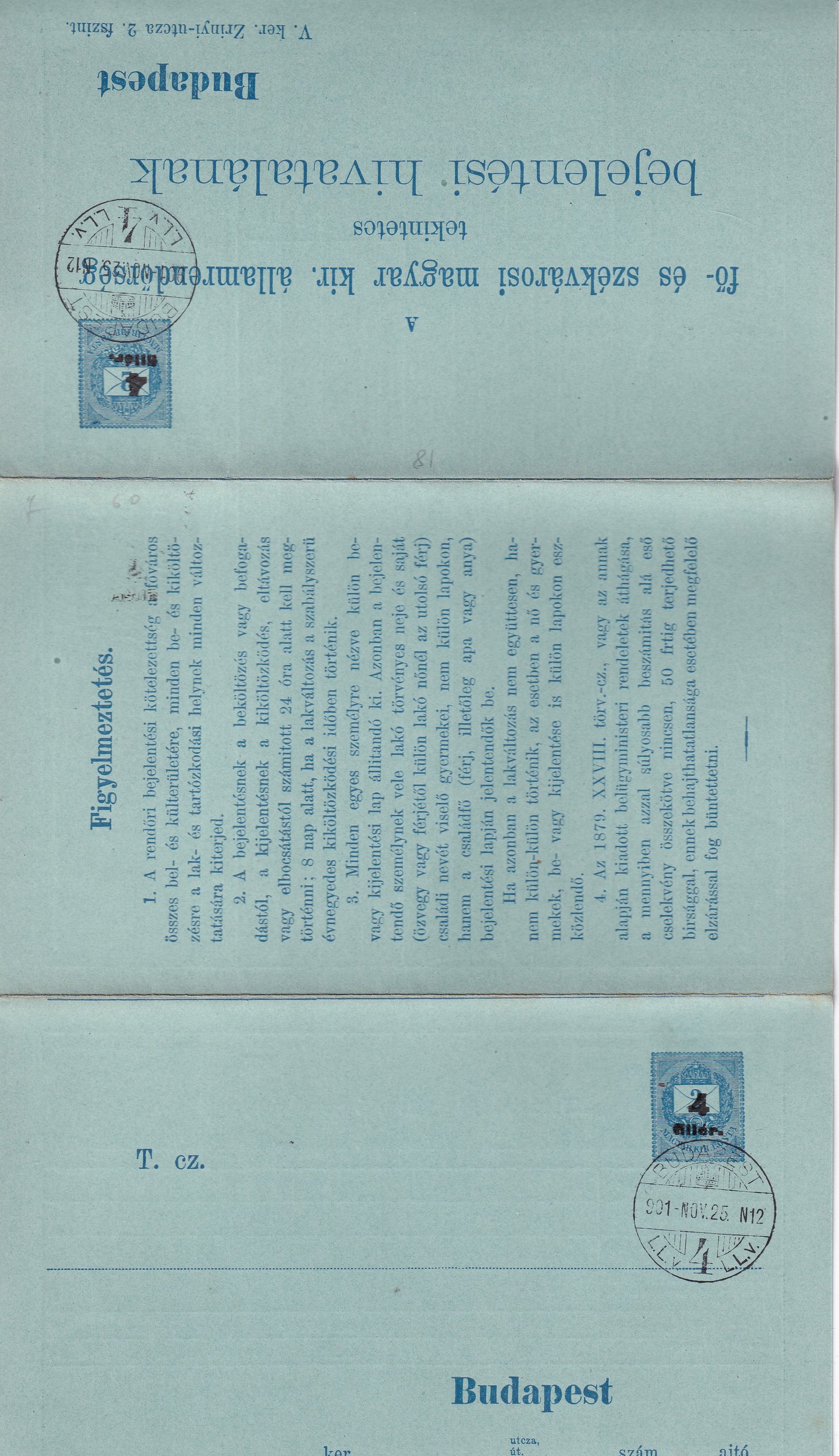 1900. felülnyomással átértékelt rendörségi levelezőlap – kék nyomat, kékeszöld papíron