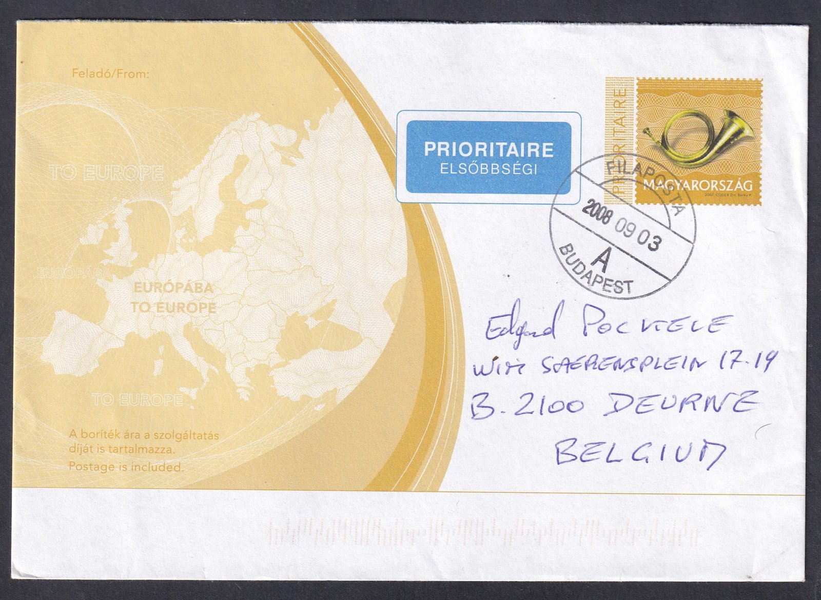 2008. Budapest/Filaposta, Rhoon (Hollandiába)-ba feladott Elsőbbségi postakész borítékkal