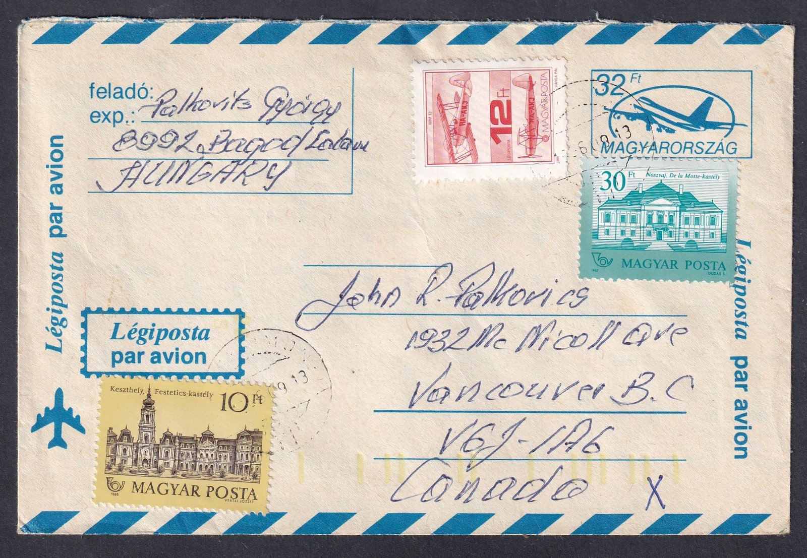 1986. Bagod, Kanadába feladott díjkiegészített légiposta boríték