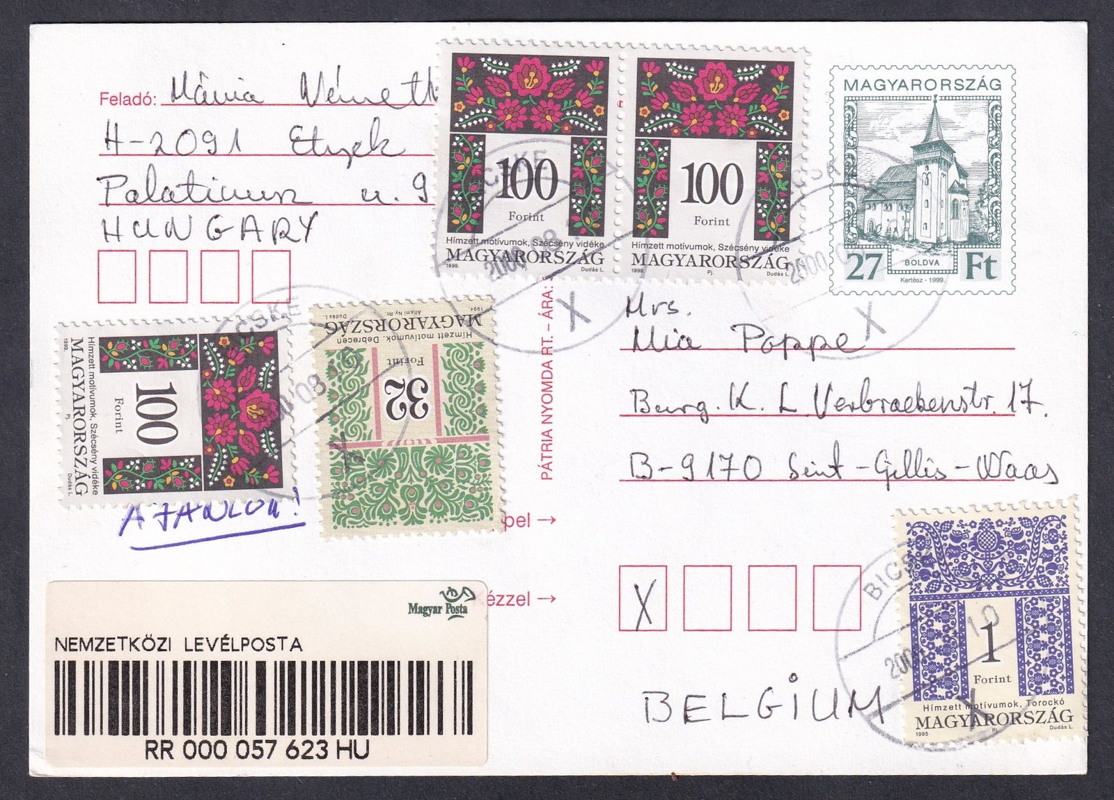 2000. Belgiumba feladott, ajánlott díjkiegyészített-levelezőlap