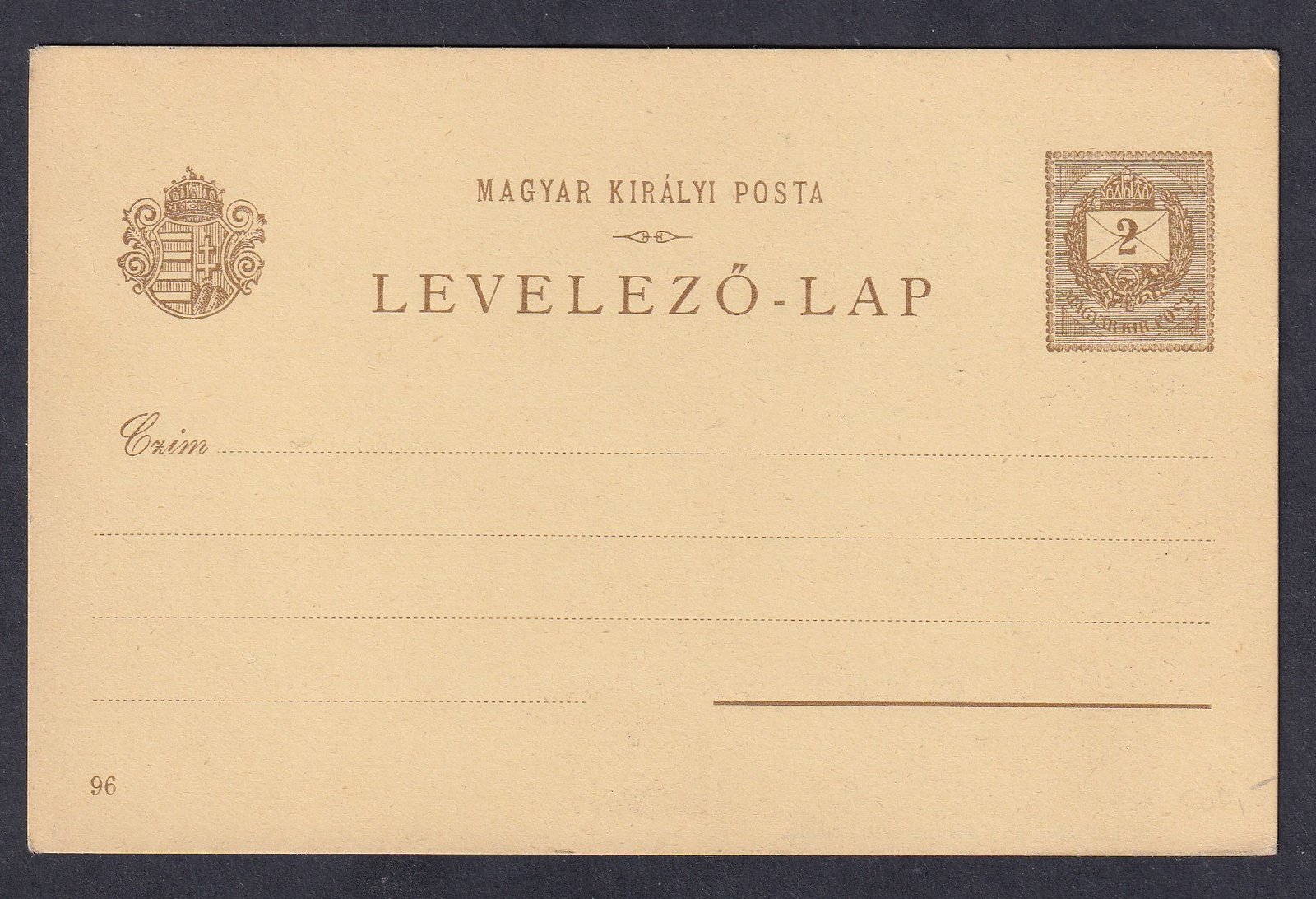 1896. Milleniumi 2kr díjjegyes, használatlan levelezőlap