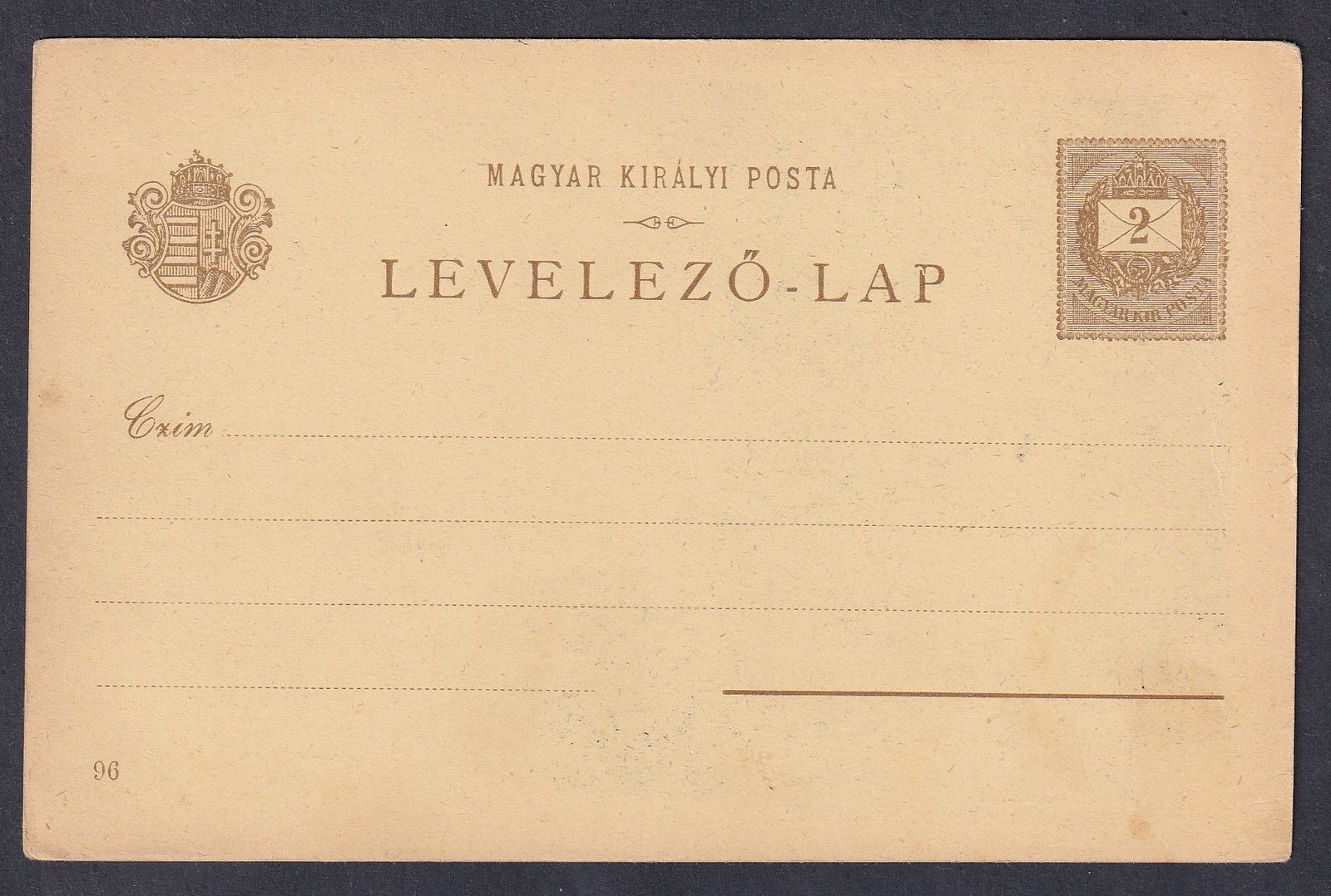 1896. Milleniumi 2kr díjjegyes, használatlan levelezőlap