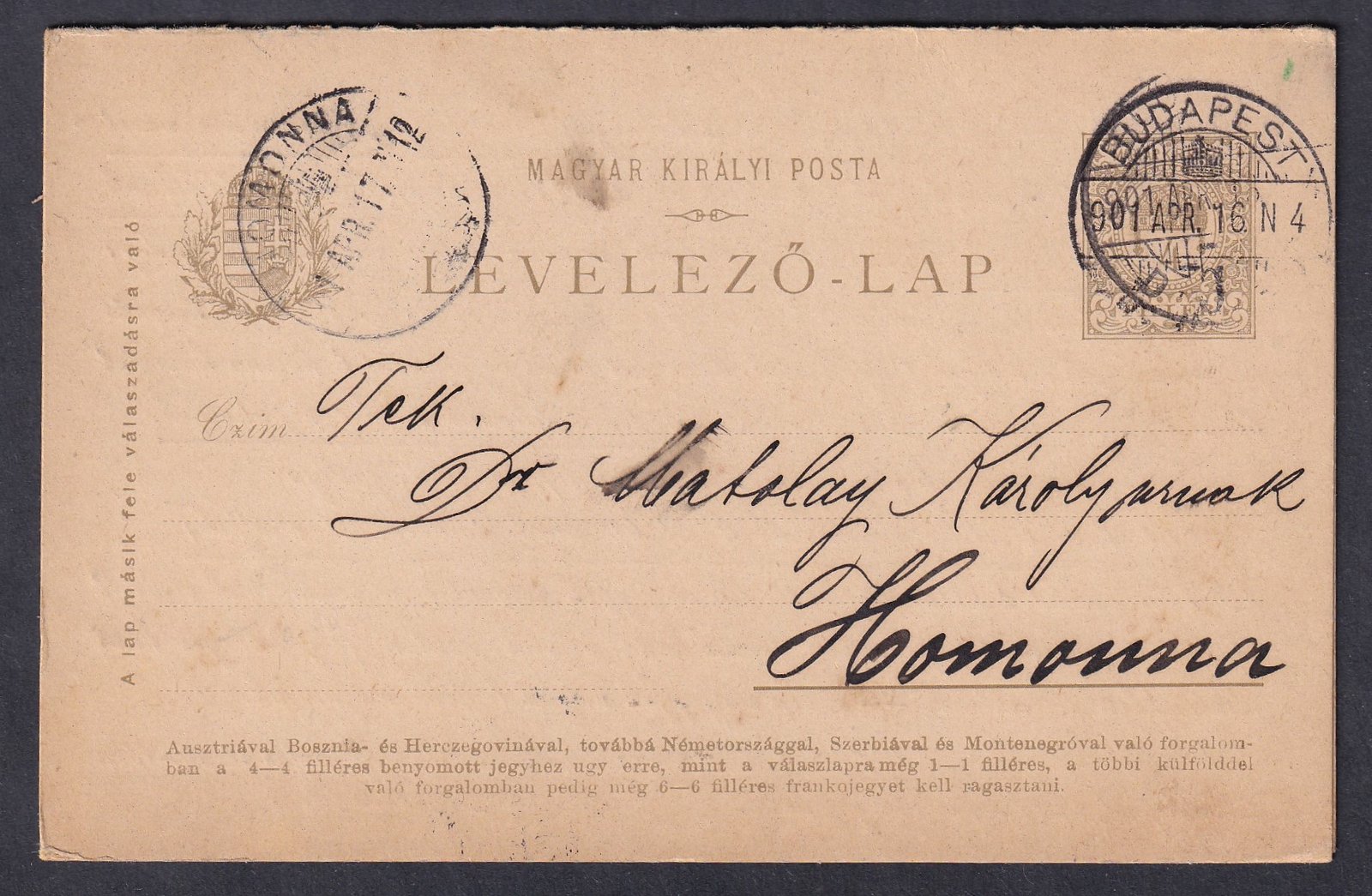 1901. Budapest, Homonnára feladott 4+4f Válaszlaopos levelezőlap (válaszlapon előre nyomtatott tartalommal)