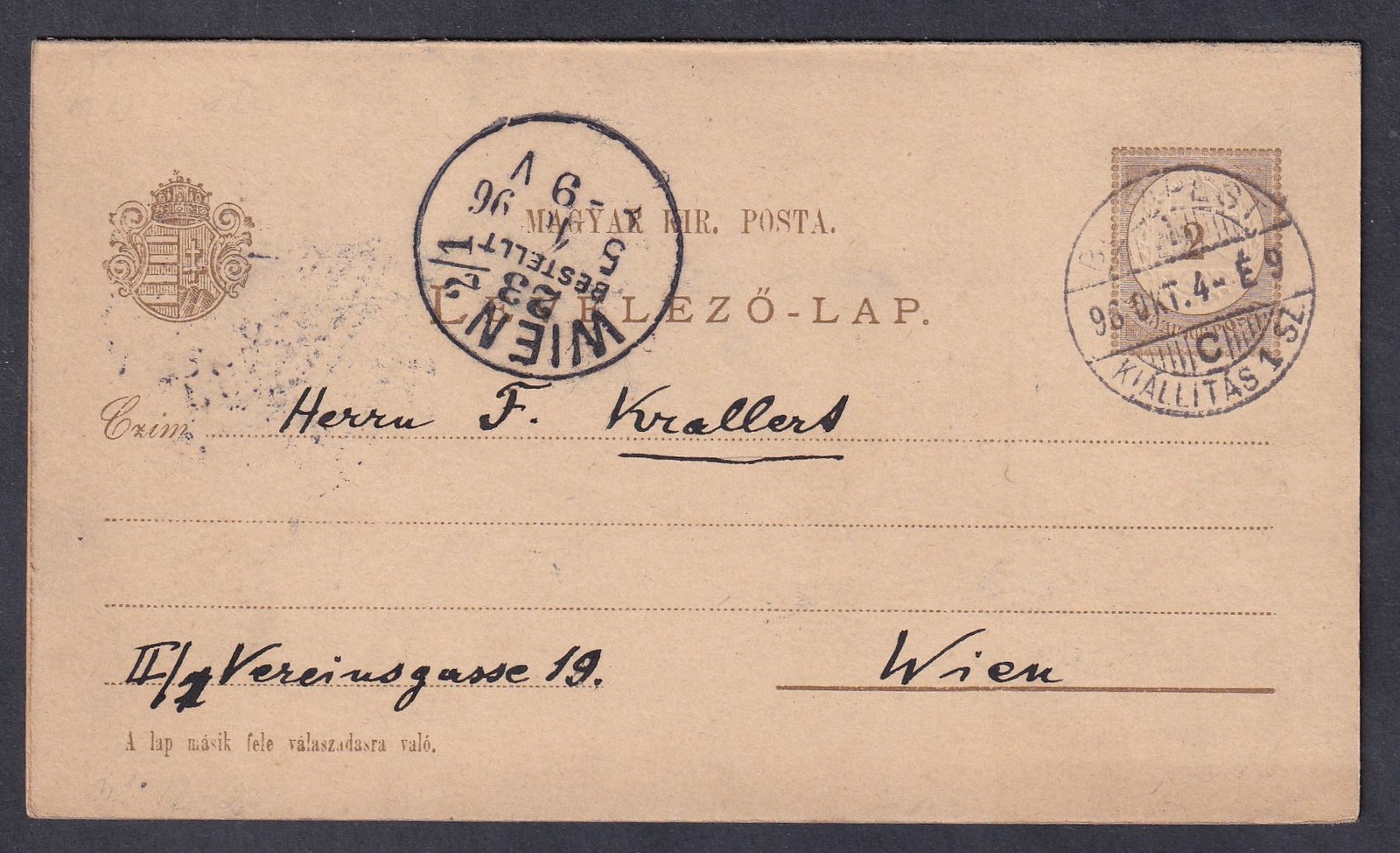 1896. 2+2kr, Millenniumi Kiállítás 1. sz. alkalmi bélyegzéssel Bécsbe feladott válaszlapos levelezőlap, válaszlappal együtt.