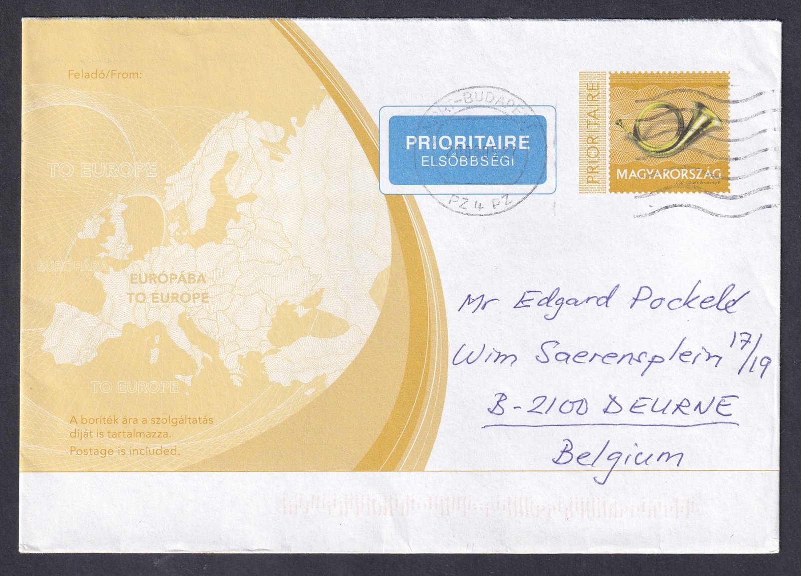 2008. Belgiumba feladott európai postakész boríték