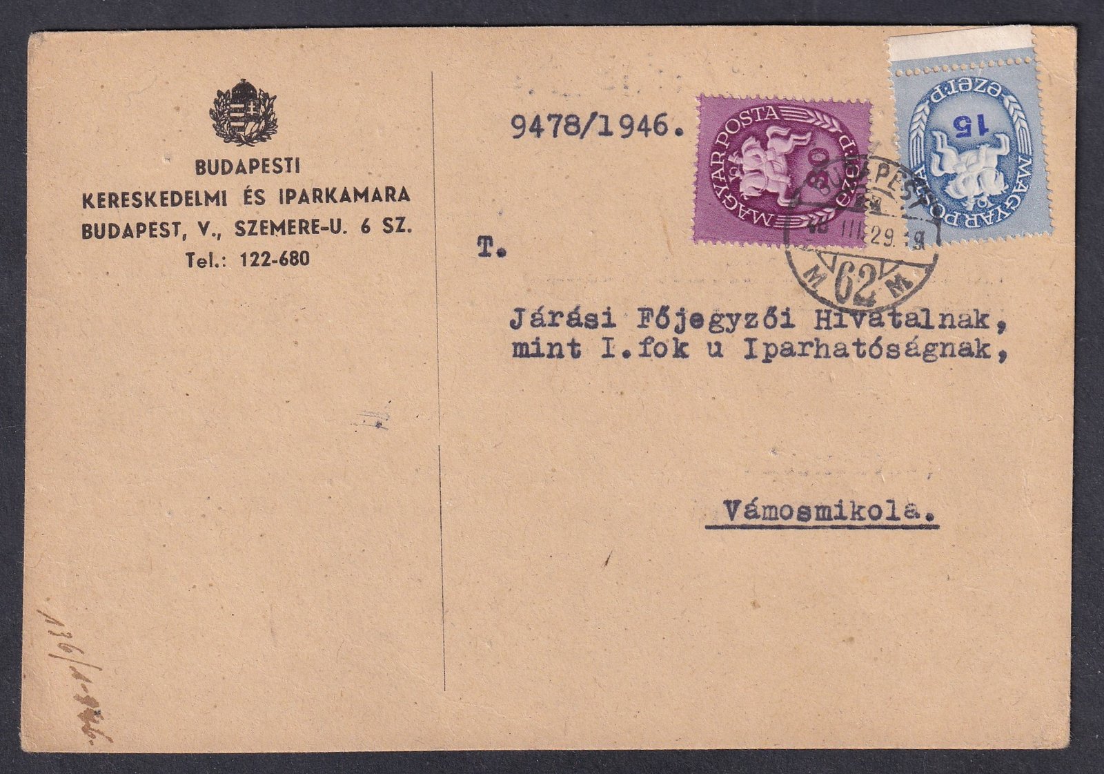 1946. III. 29. (10. díjszabás – 6 napig tartó) Budapest, Vámosmikolára feladott levelezőlap