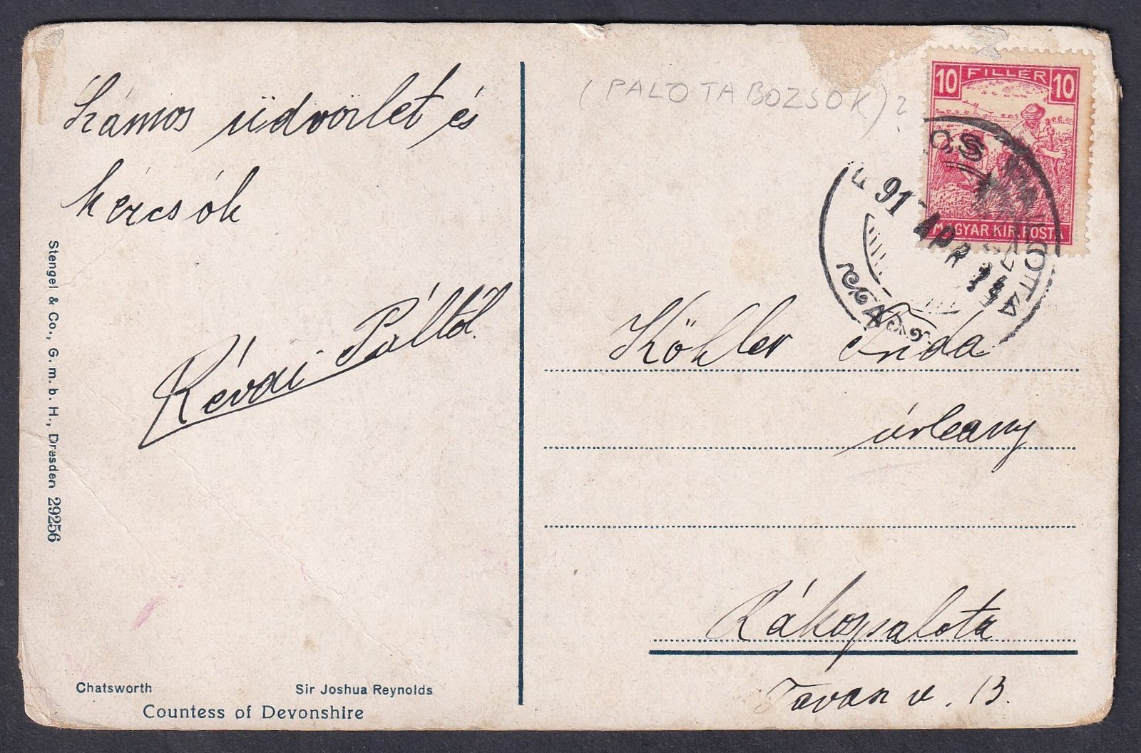 1917. RÁKOS-PALOTA, helyben feladott képeslap, (kis település helyi feladással!!!)