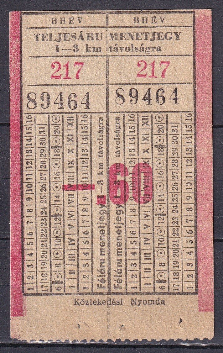 BHÉV, használatlan teljesárú menetjegy 1-3 Km