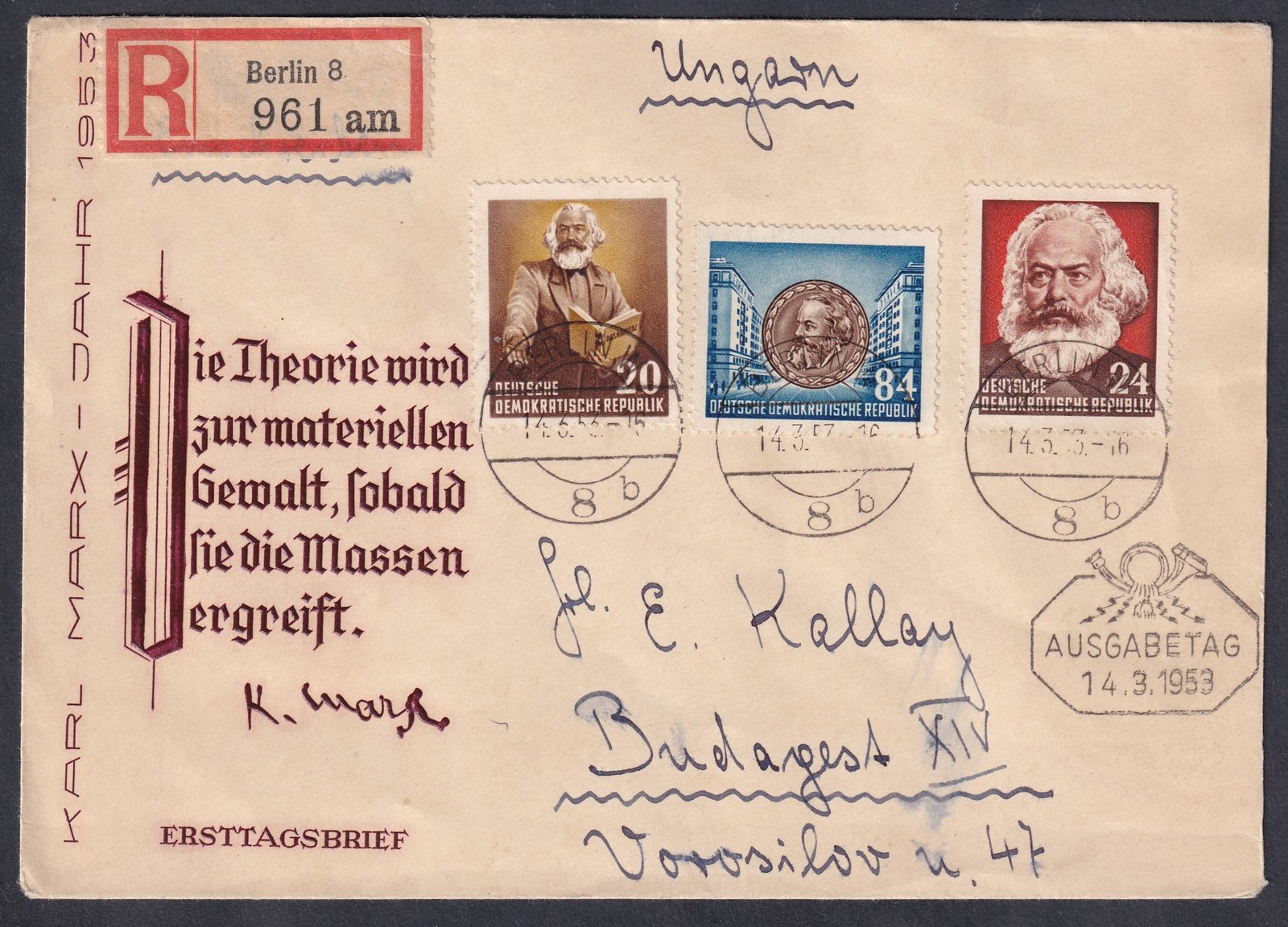 1953. NDK Karl Marx FDC, ajánlott levélként Magyarországra feladva, szép állapotban
