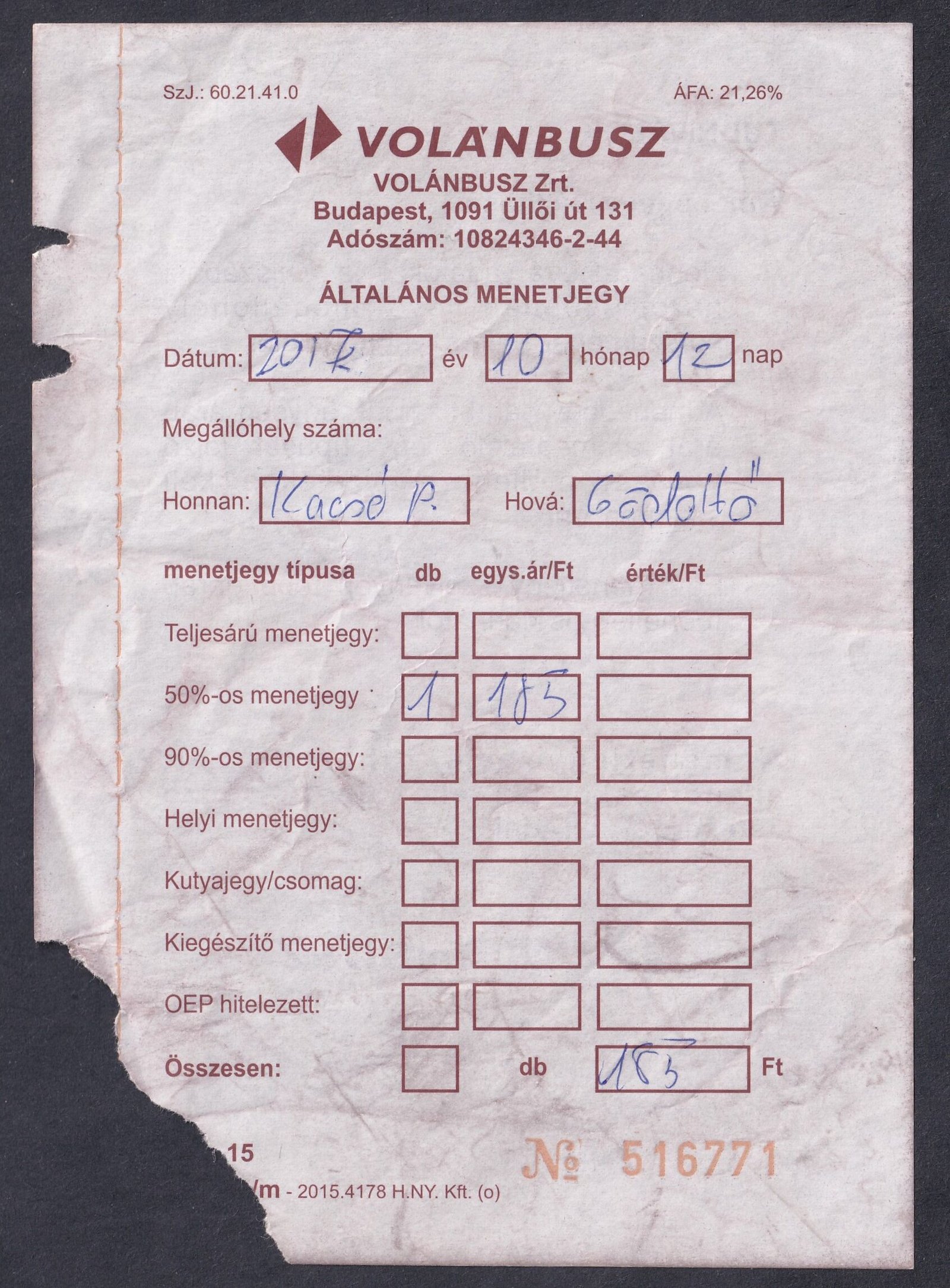 VOLÁNBUSZ, gépjárművezető által kiállított menetjegy (hibás jegyautomata miatt)