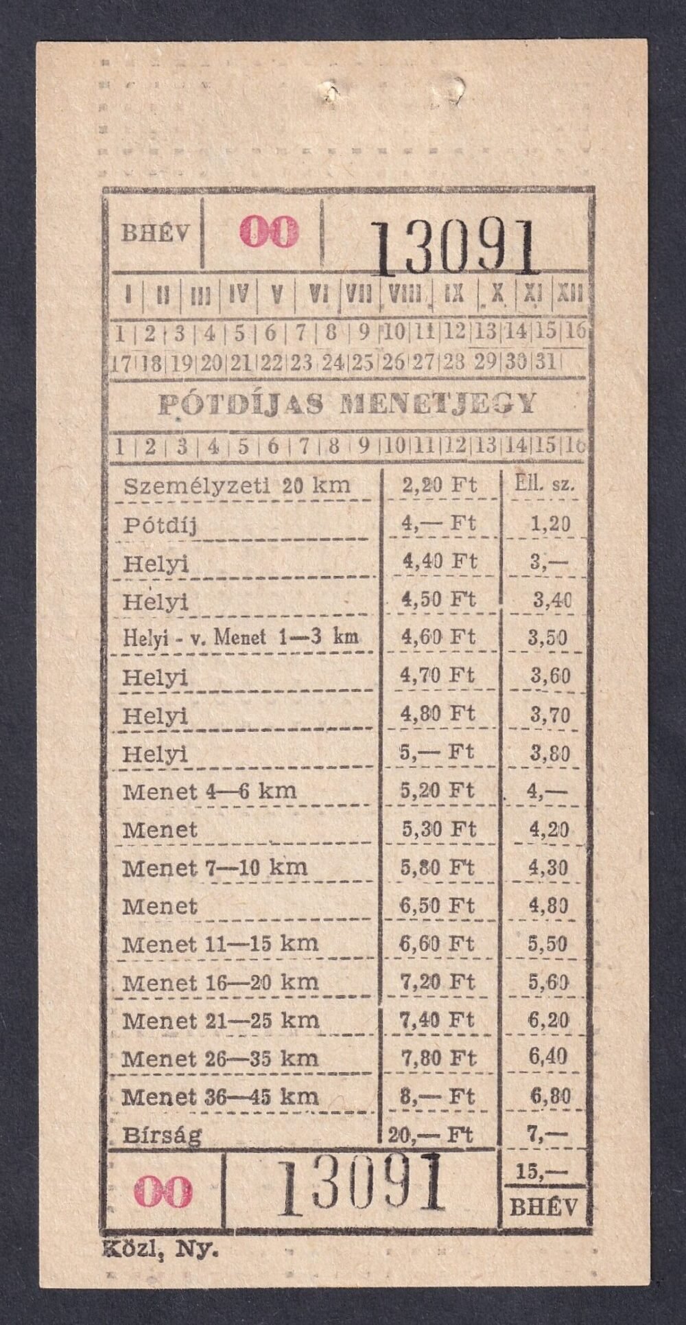 BHÉV, Pótdíjas Nenetjegy (használatlan)