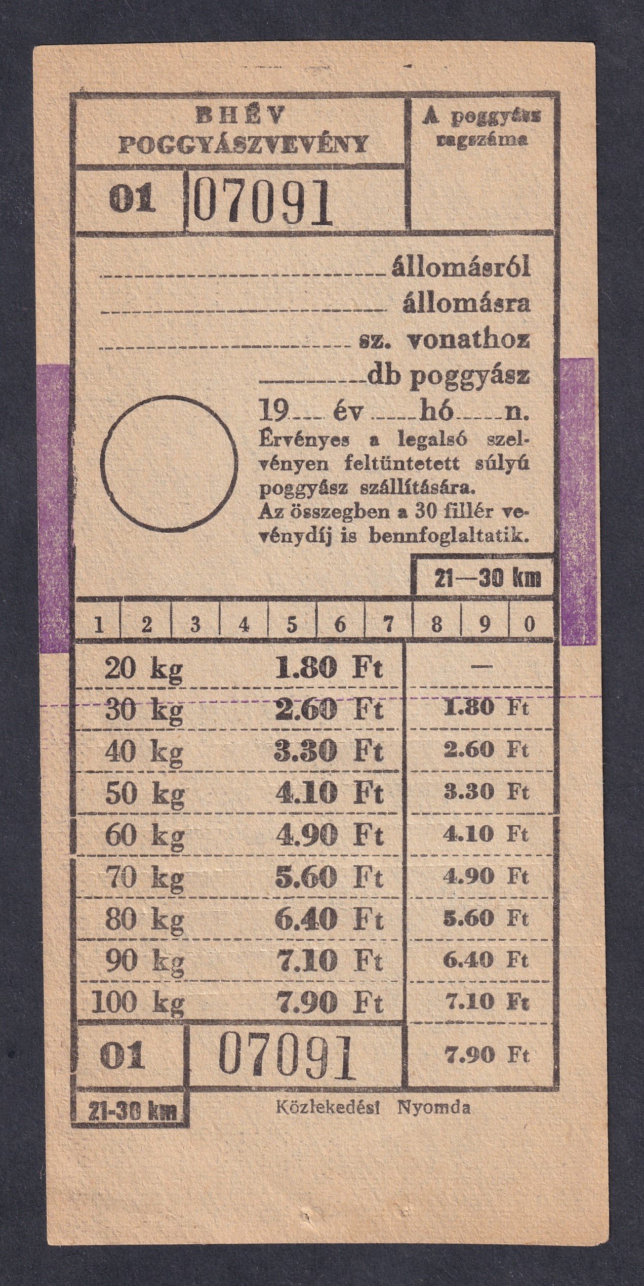 BHÉV, Poggyászvevény 21-30 km (használatlan)