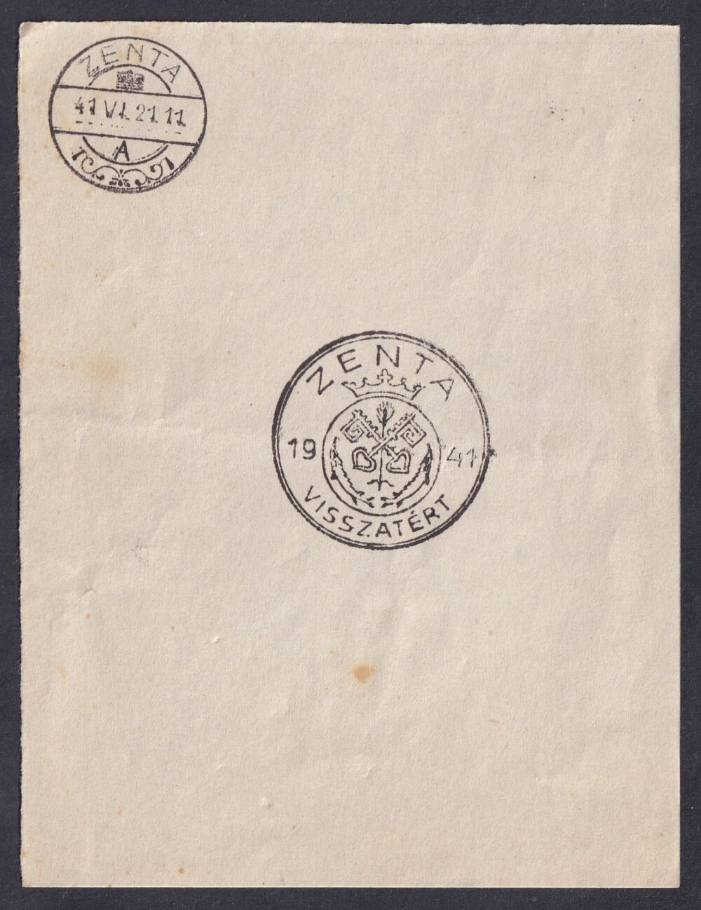 ZENTA Visszatért bélyegzés