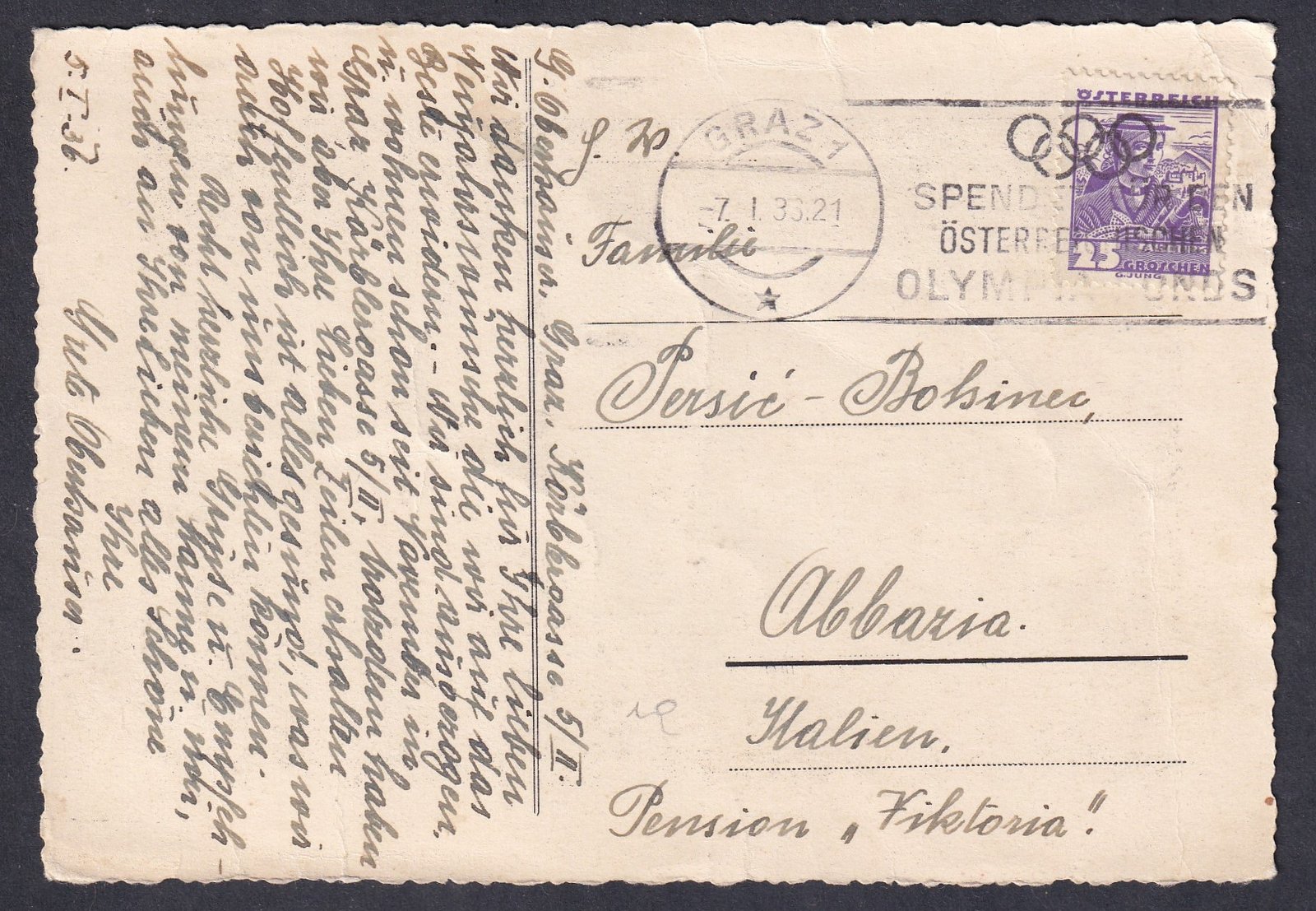 1933. Ausztria, Olaszországba feladott levelezőlap, Reklám: „SPENDET ÖSTERREICH OLYMPIAFONDS” (Adakozz az osztrák olimpiai alap javára) bélyegzéssel