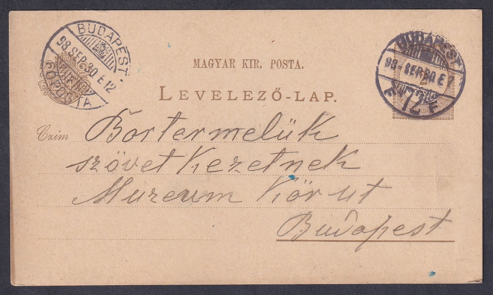 1898. Budapest, Bortermelők Szövetkezetének feladott levelezőlap érdekes tartalommal