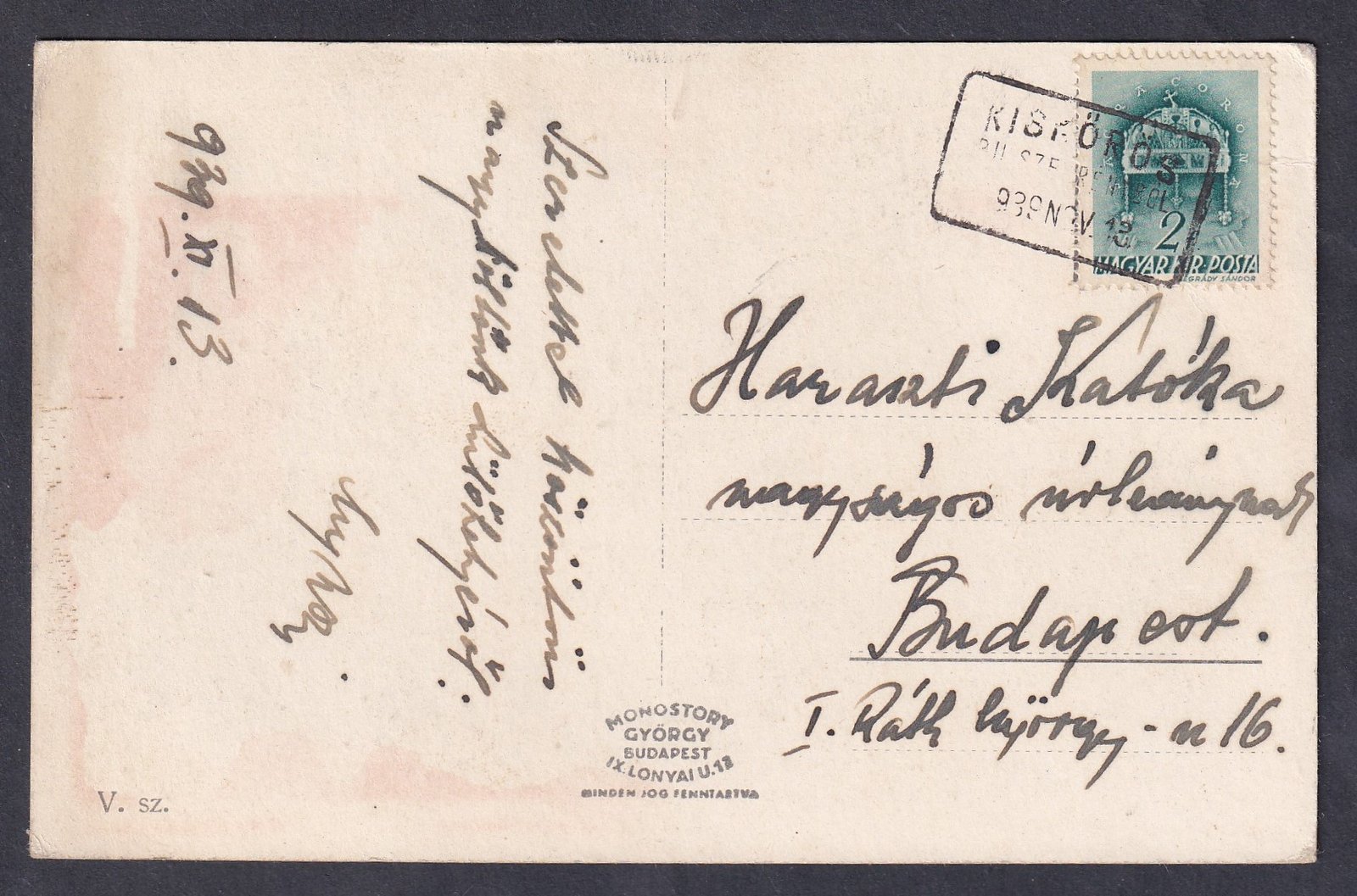 1939. Kiskőrös Pu. szekrényből, bélyegzéssel, budapestre feladott levelezőlap