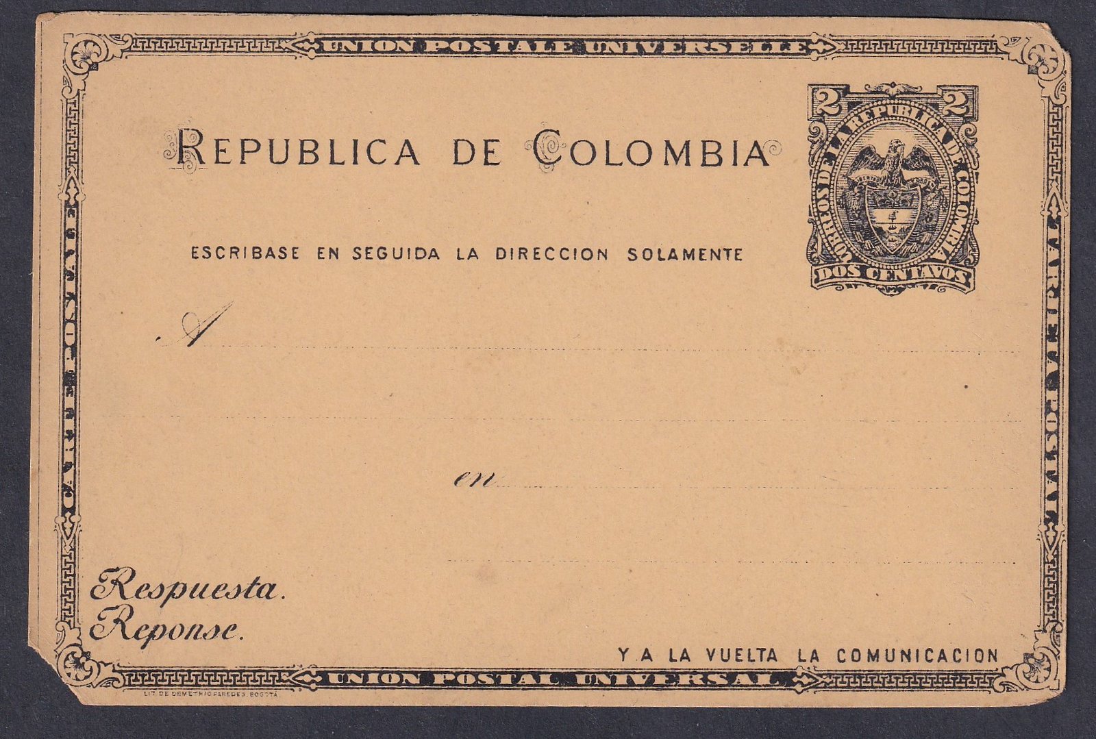 IMG_20260316_0045 Kolumbia, használatlan díjjegyes levelezőlap (sarok hiány)