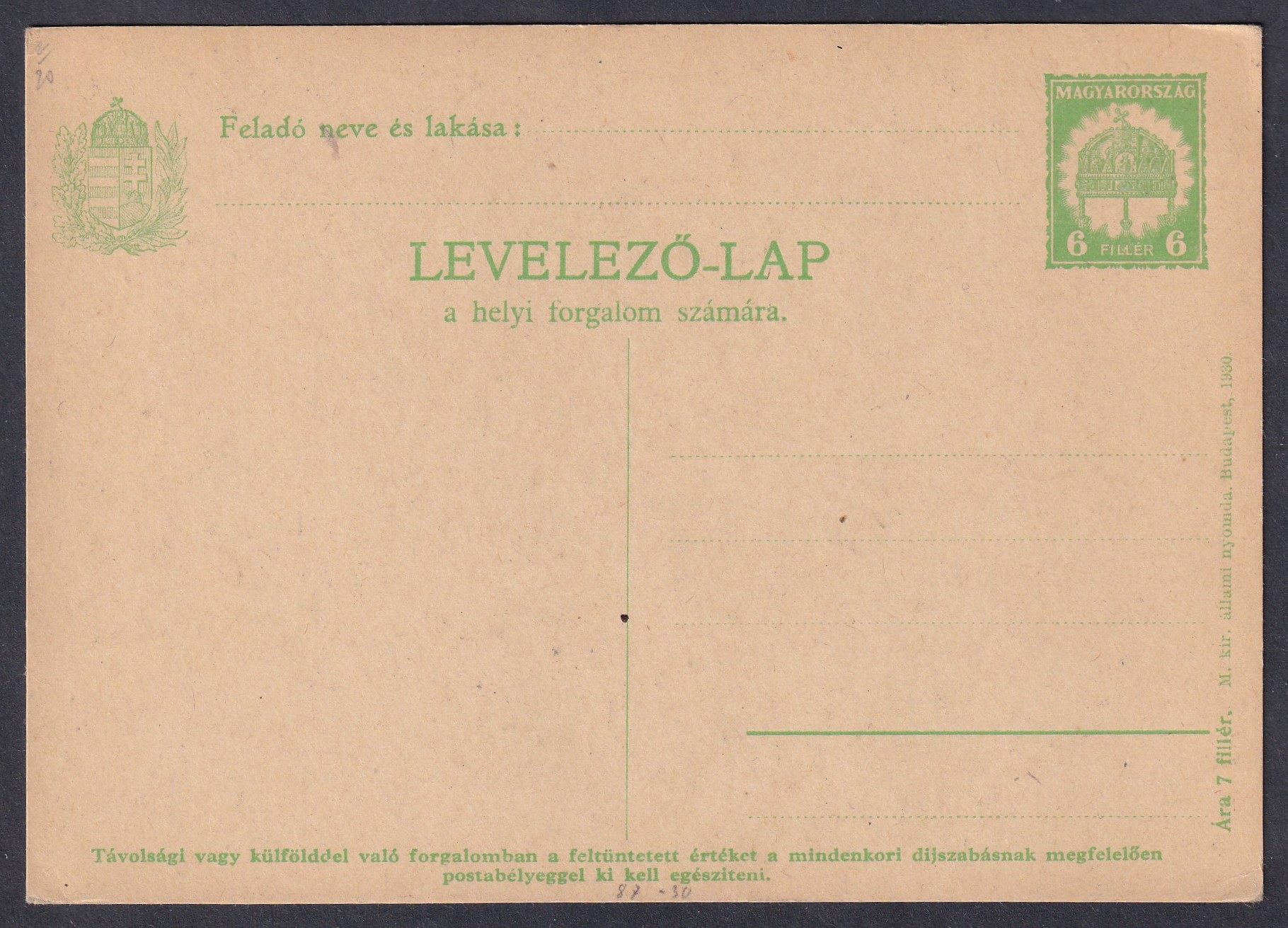 IMG_20260316_0057.1 1930. használatlan 6f díjjegyes levelezőlap