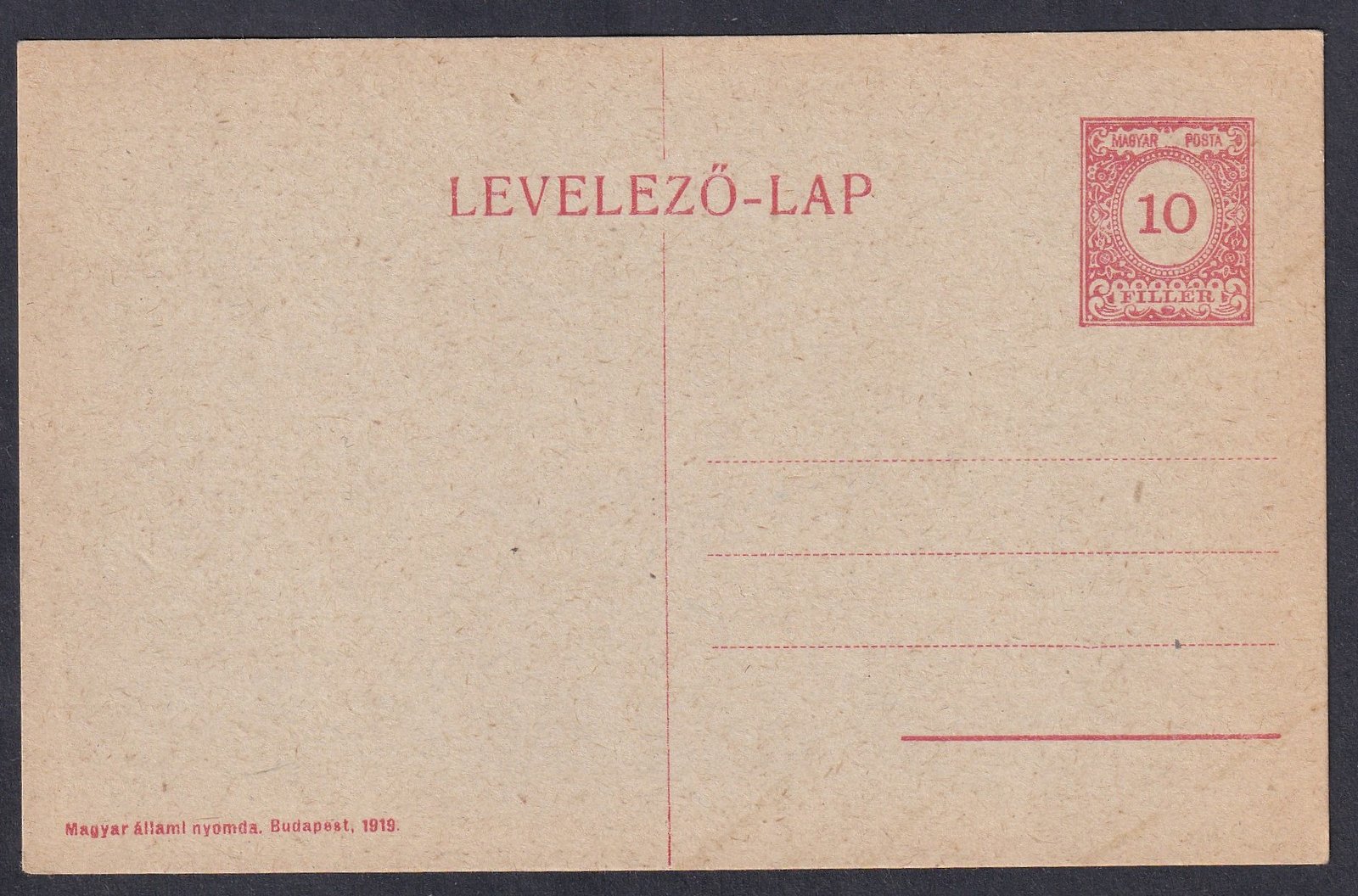 IMG_20260317_0003.1 1918. használatlan, 10f díjjegyes levelezőlap – Köztársaság kiadás címer nélkül és kivésett: „Kir”