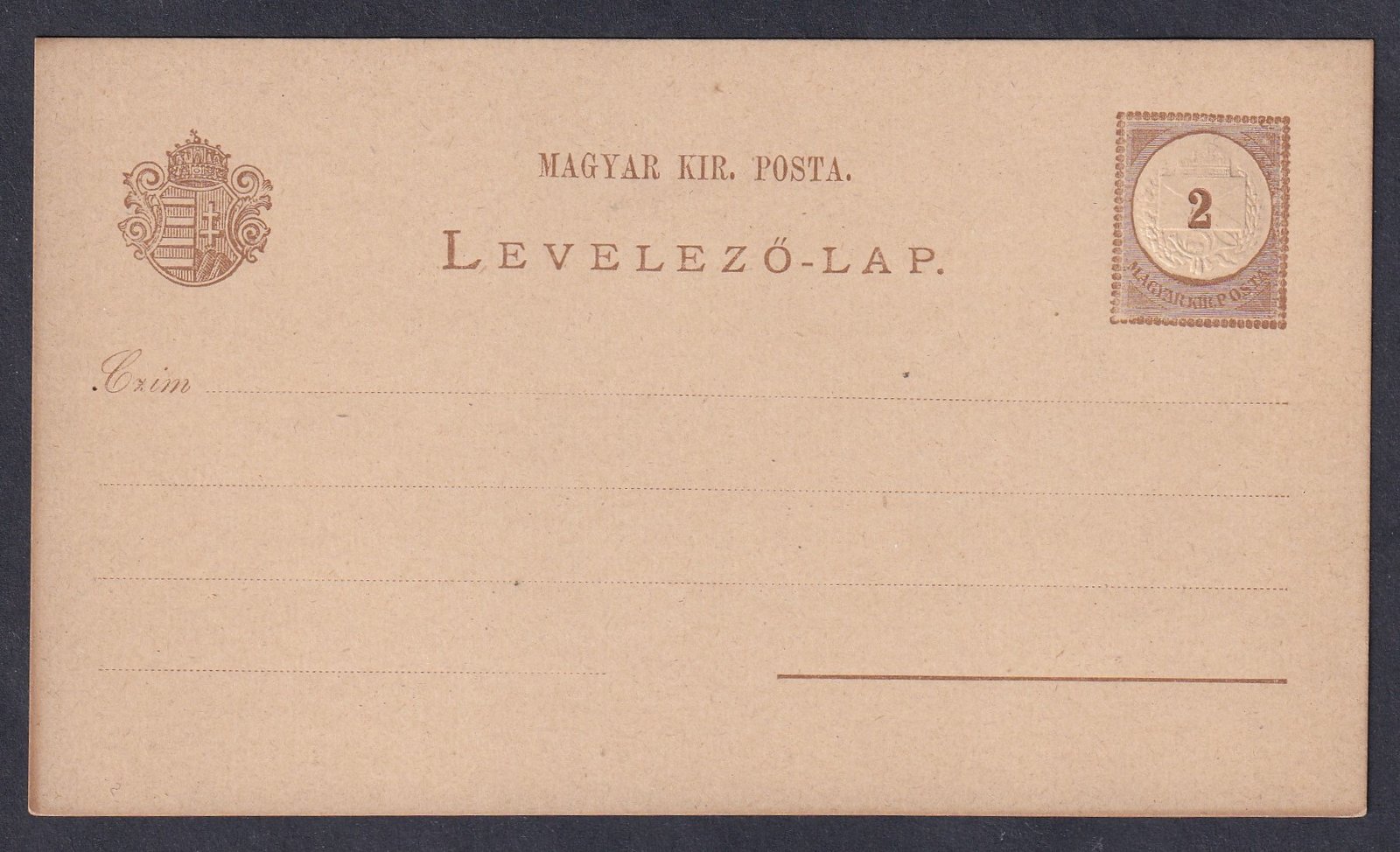 2 kr használatlan levelezőlap – látványos lemezhiba: megvastagodott számtábla-keret