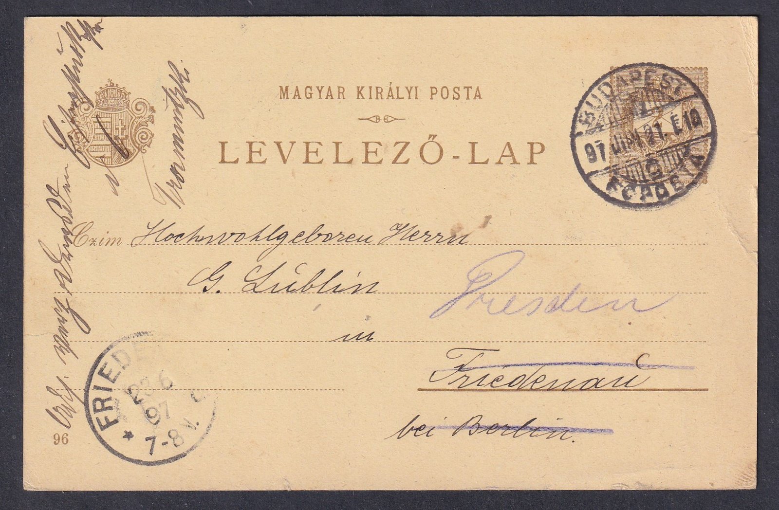 1897. Budapestről Friedenau-ba (Németország) feladott 2 krajcáros millenniumi díjjegyes képes levelezőlap