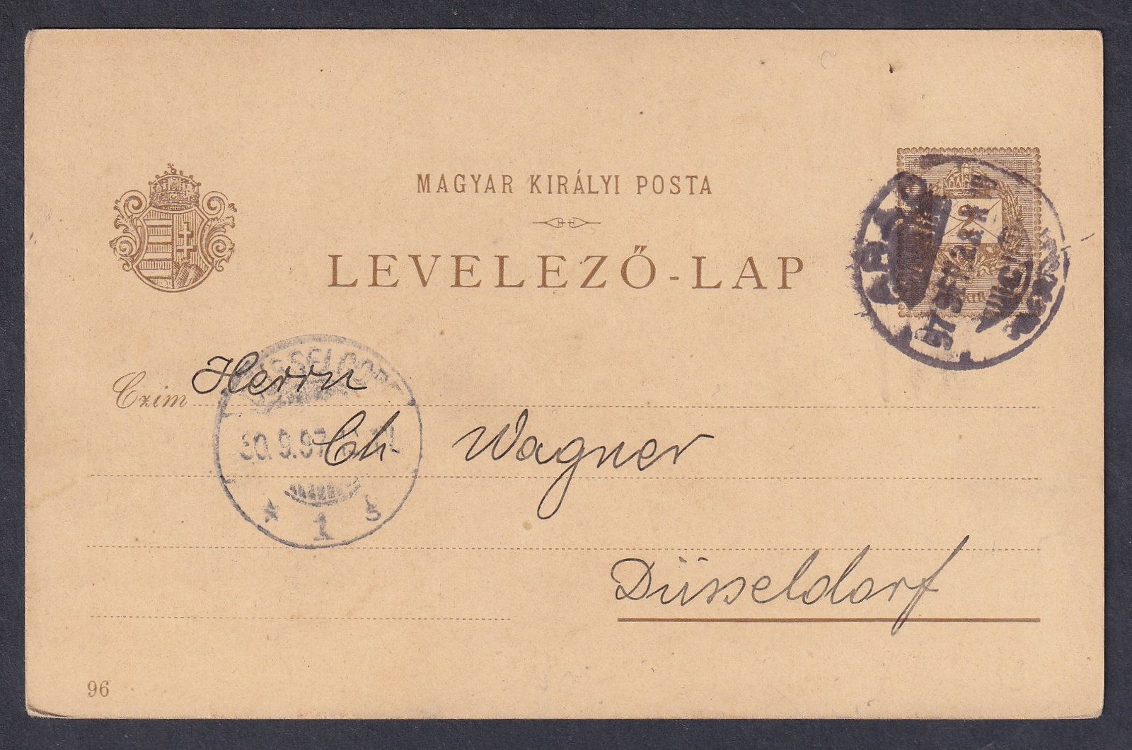 1897. ARAD, Düsseldorf-ba (Németország) feladott 2 krajcáros millenniumi díjjegyes képes levelezőlap