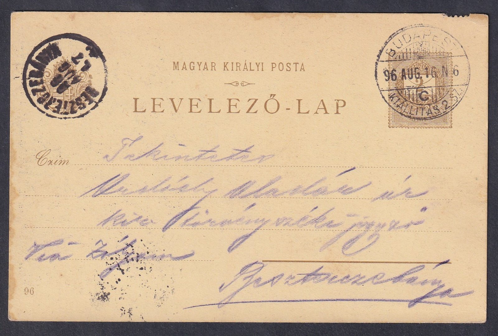 1896. Budapest kiállítási bélyegzéssel, Besztercebányára feladott 2 kr millenniumi díjjegyes képes levelezőlap