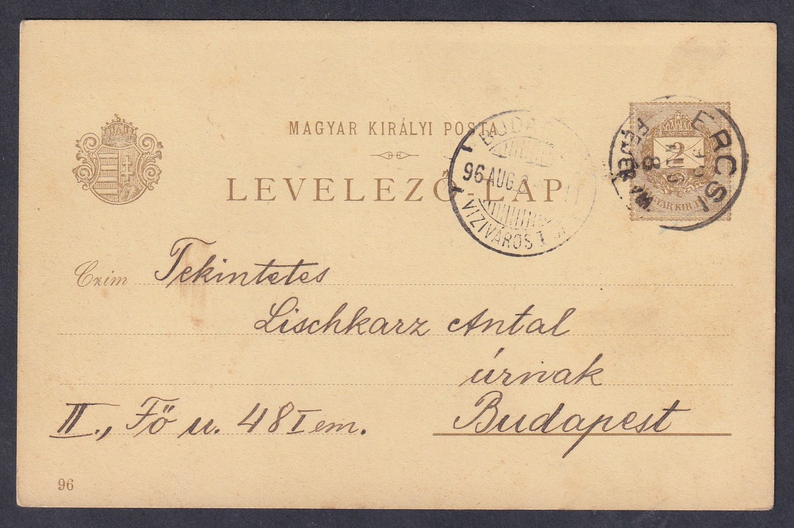1896. ERCSI / FEJÉR VM., Budapestre feladott 2 kr millenniumi díjjegyes képes levelezőlap