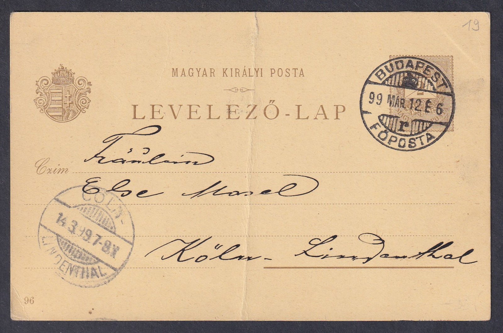 1899. Budapest, Köln (Németország)-ba feladott 2 kr millenniumi díjjegyes képes levelezőlap