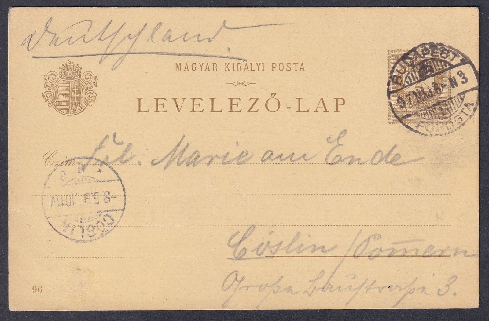 1887. Budapest, CÖSLIN-be feladott 2 kr millenniumi díjjegyes képes levelezőlap