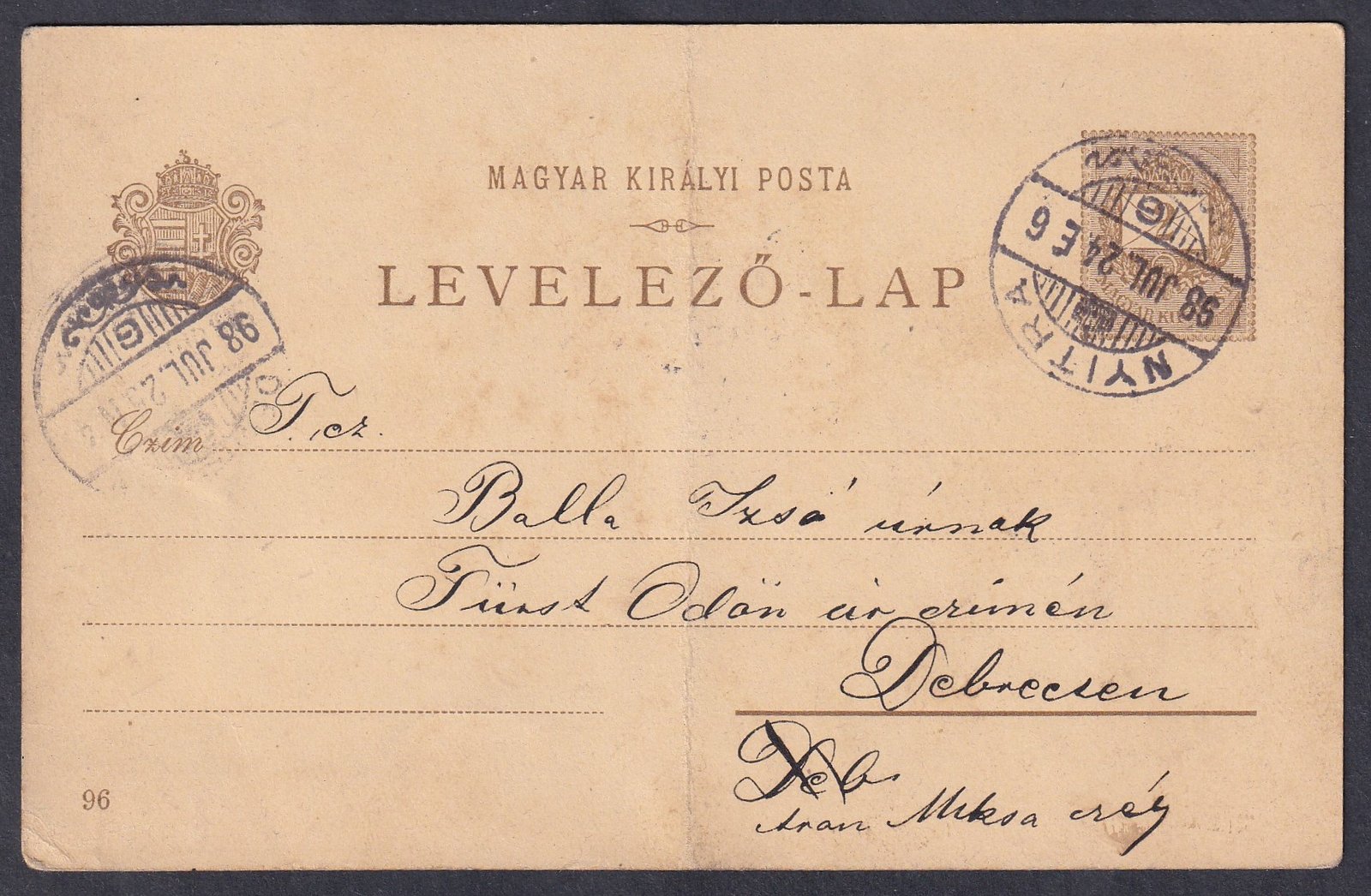 1898. Nyitra, Debreczenbe feladott 2 kr millenniumi díjjegyes képes levelezőlap