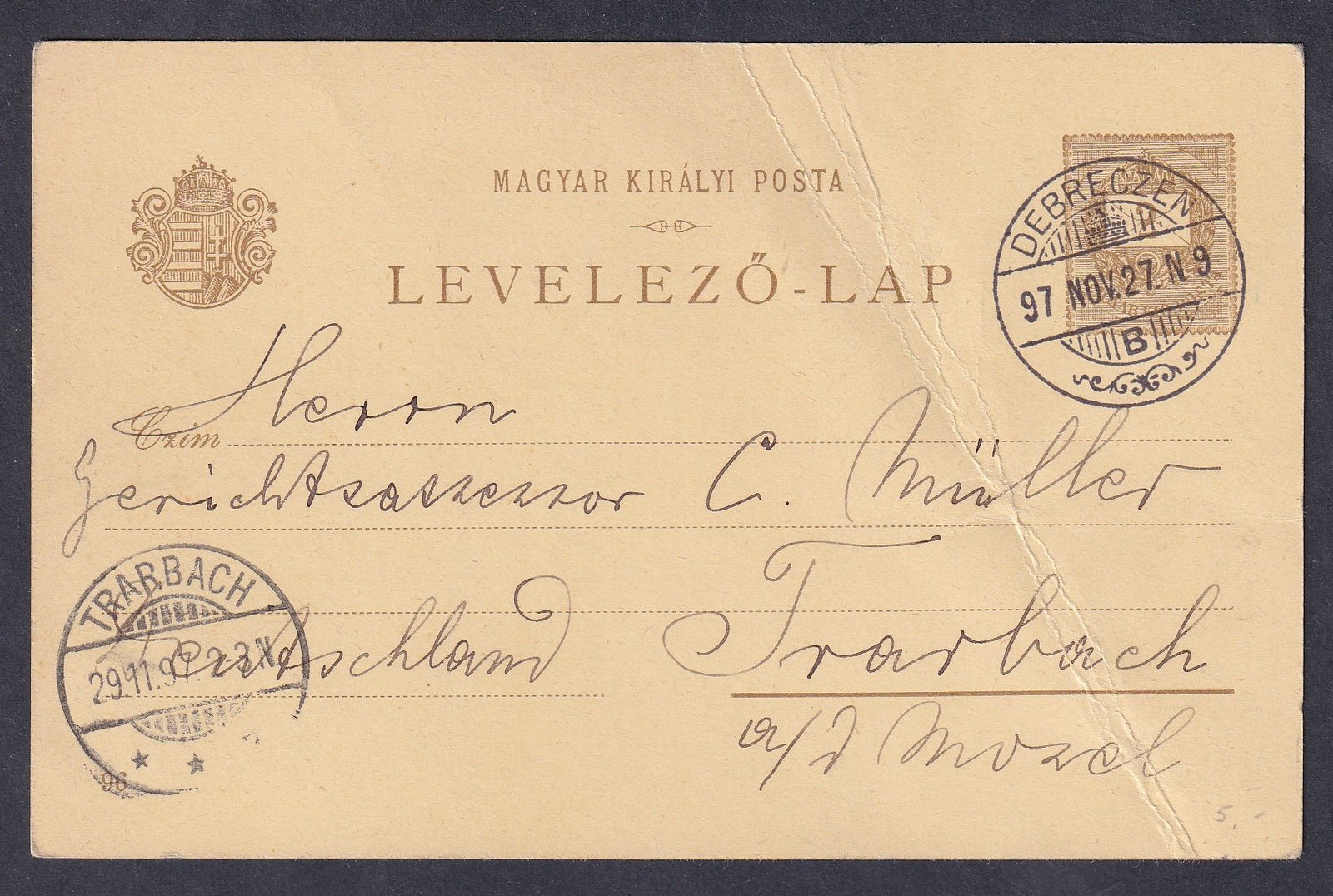 1897. Debreczen, Trarbach (Németország)-ba feladott 2 kr millenniumi díjjegyes képes levelezőlap