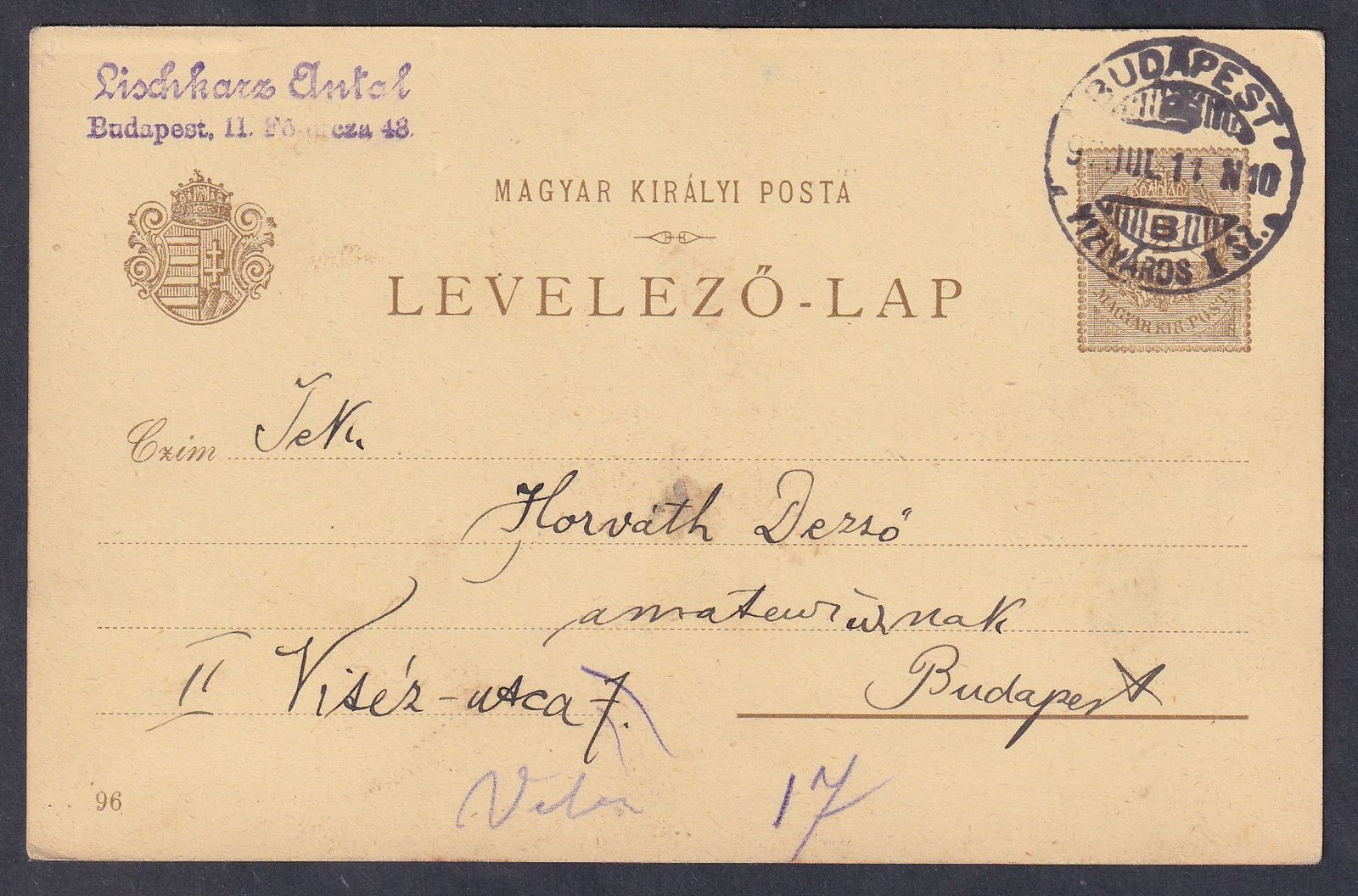 1897. Budapest, helyben feladott 2 kr millenniumi díjjegyes képes levelezőlap