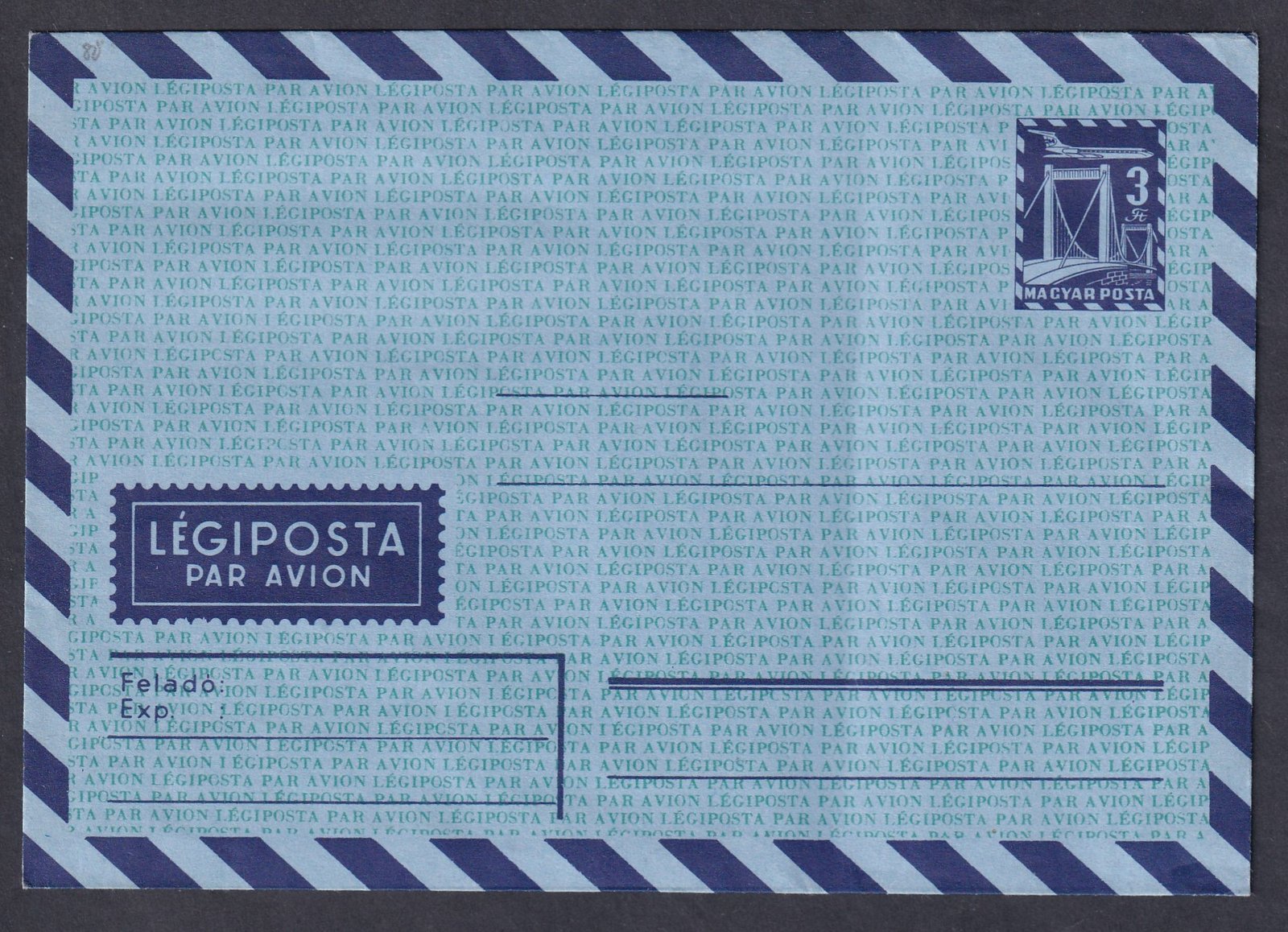 1969. használatlan, légiposta 3Ft díjjegyes boríték, feketéskék, világoskék papíron