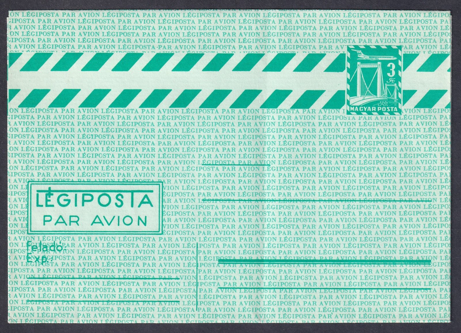 1972. használatlan, légiposta 3Ft díjjegyes boríték, hátoldali szöveg nélkül