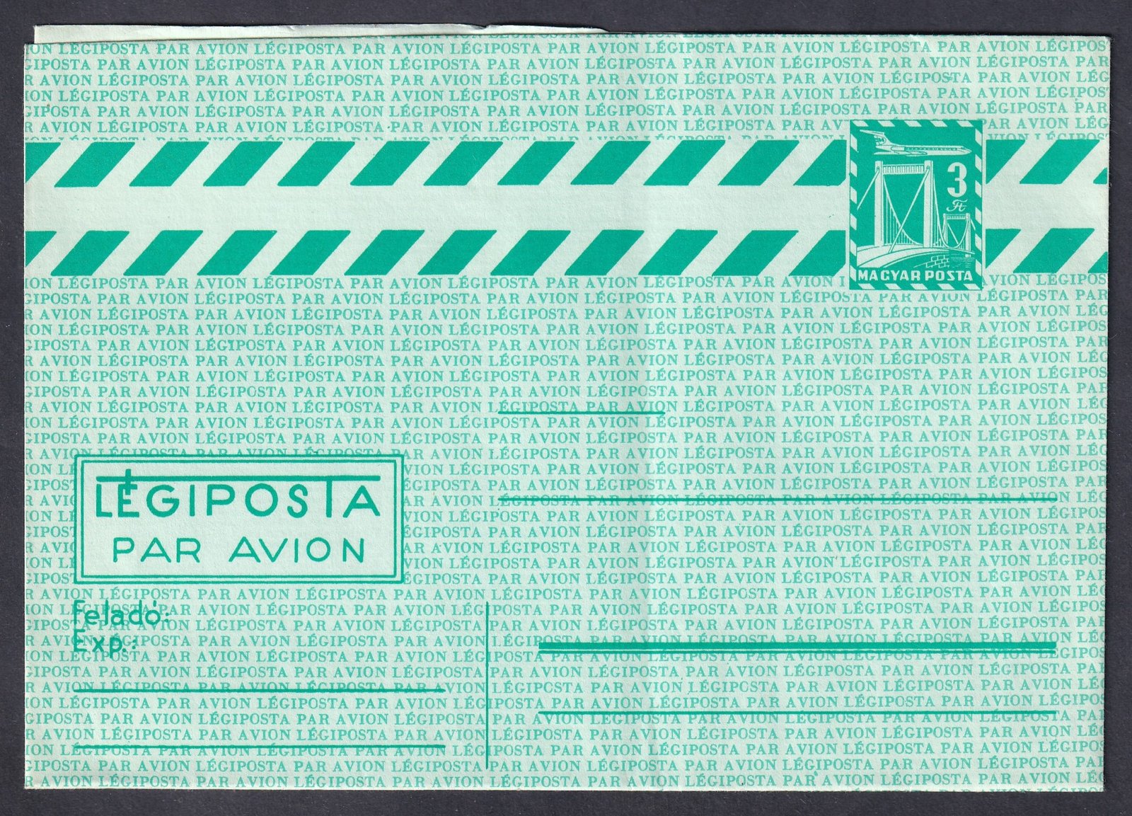 1972. használatlan, légiposta 3Ft díjjegyes boríték, hátoldali szöveg nélkül