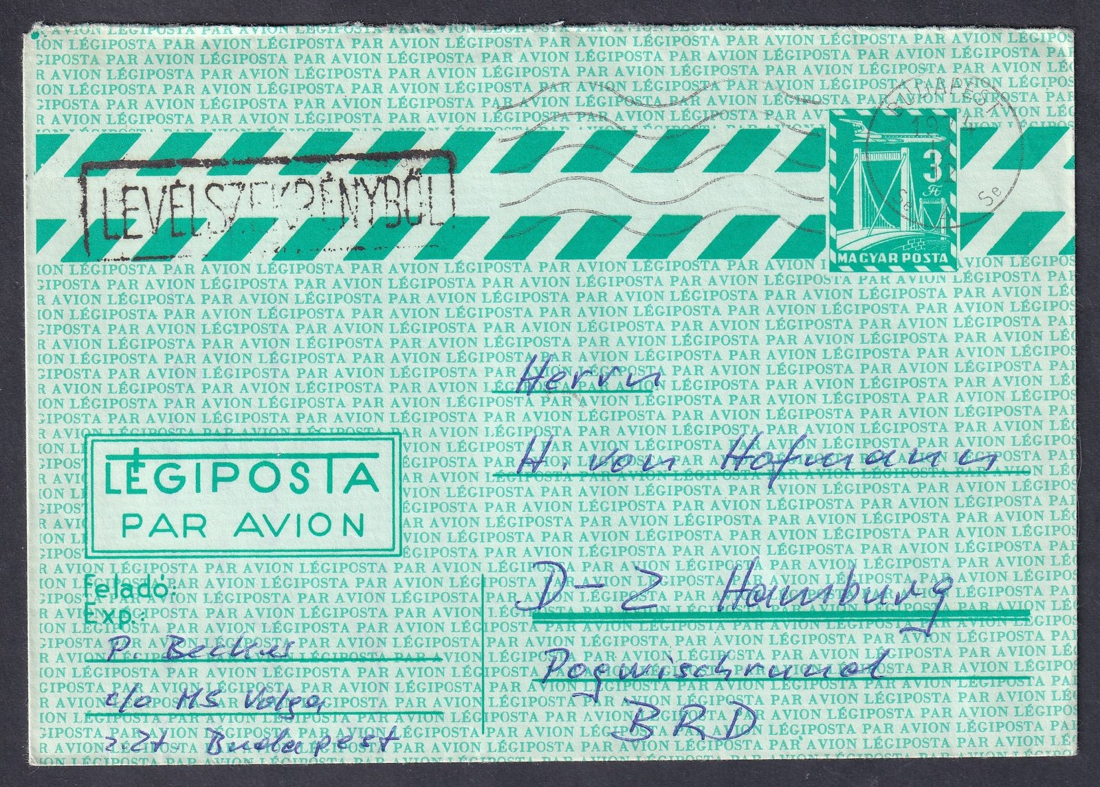 1874. Budapest, Hamburgba feladott légiposta levél, levél tartalommal, díjkiegészítés nélkül ritka!